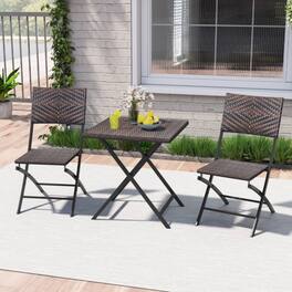 Mondawe - Folding Rattan Bistro Set with Round Table and 2 Chairs 3-Piece - Mix Brown