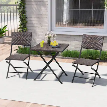 Front. Mondawe - Folding Rattan Bistro Set with Round Table and 2 Chairs 3-Piece - Mix Brown.
