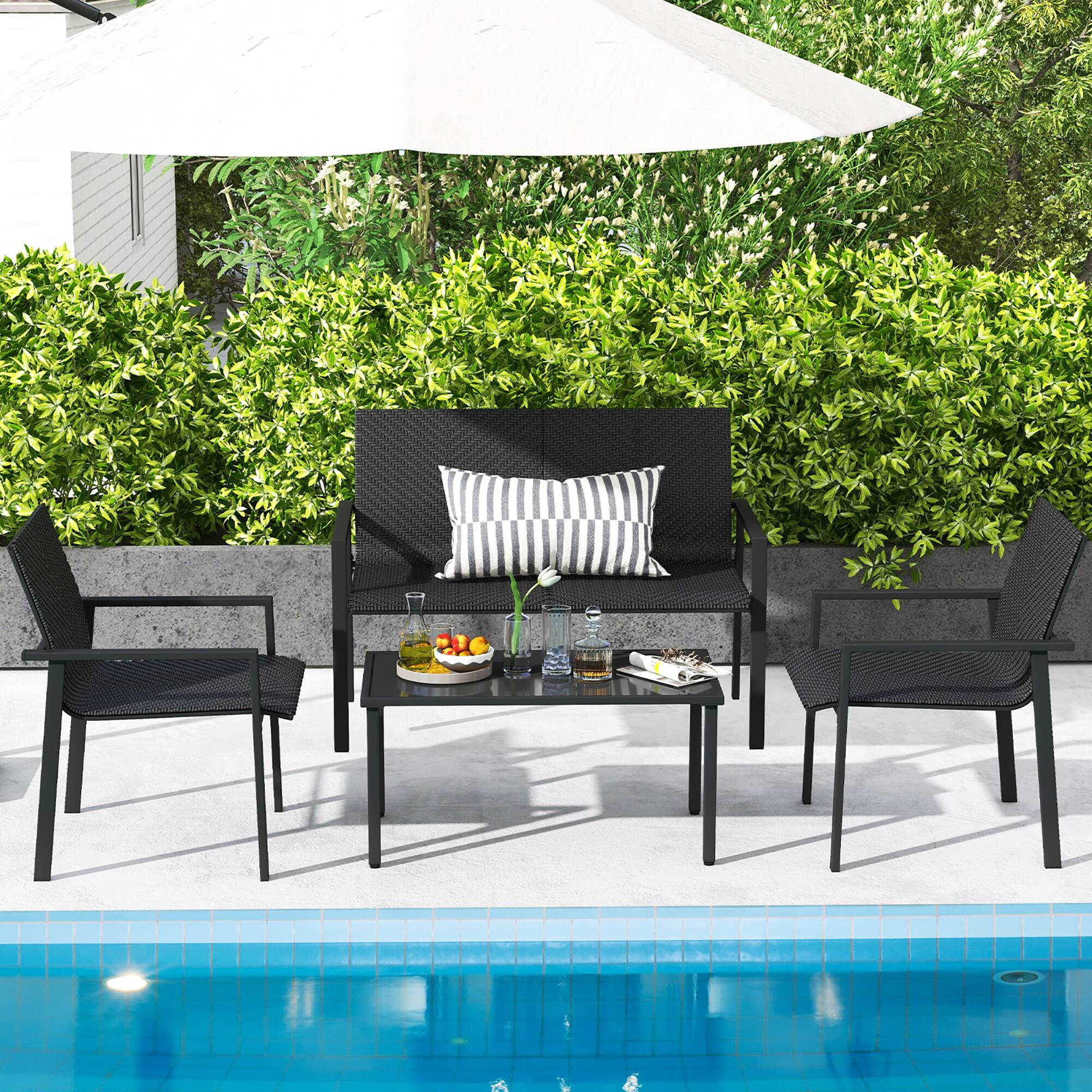 Alt View 8. Gymax - Gymax 4 PCS Patio Furniture Set Heavy Duty Galvanized Metal Frame Wicker Table Black - Black.