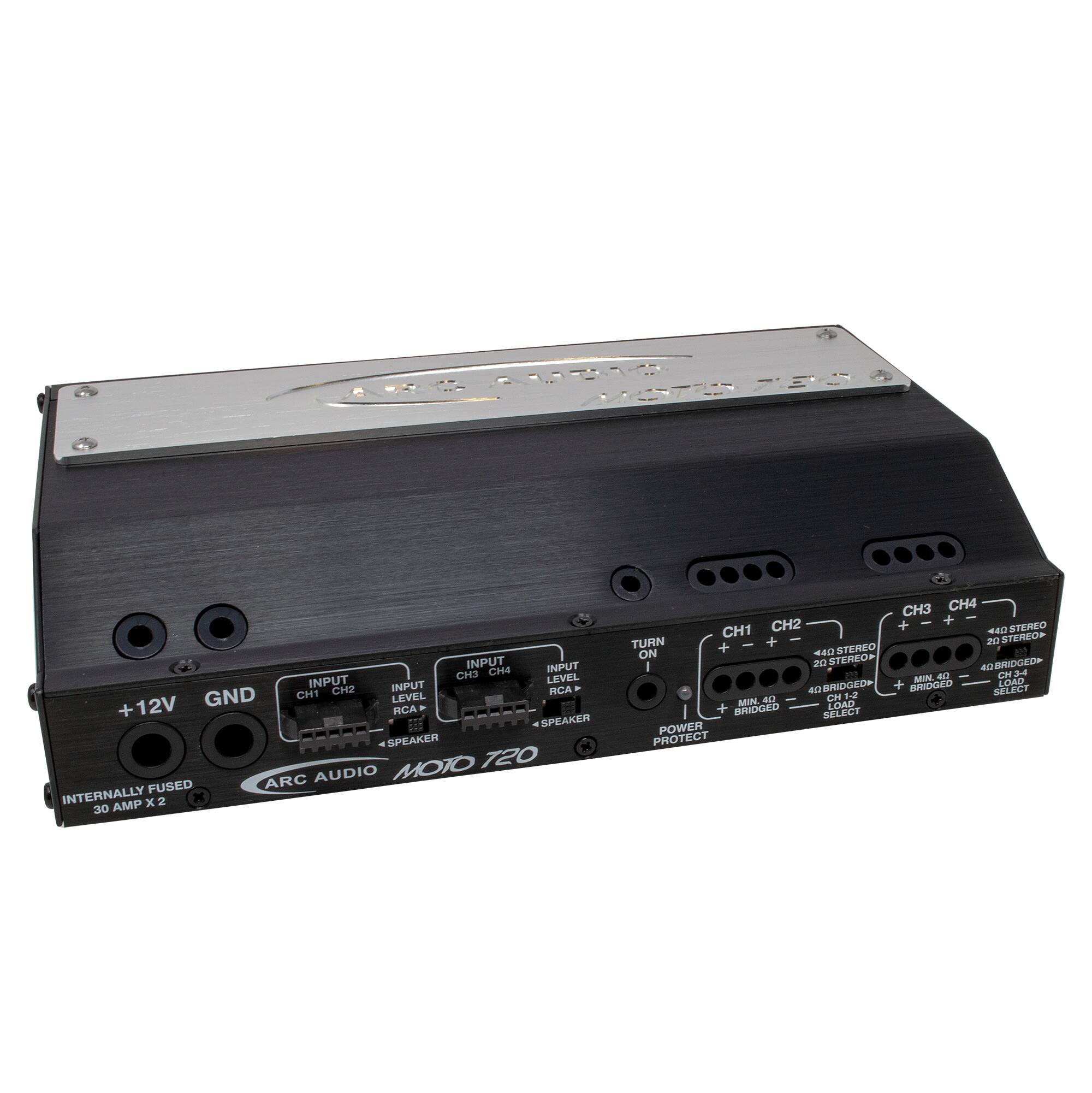 A -- TES INPUT INPUT CH3 CH INPUT LEVEL CH2 INPUT RCA GND CH1 LEVEL + 12V FCA SPEAKER SPEAKER MOTO 120 ARC AUDIO FUSED INTERNALLY x 2 30 AMP CH1 CH2 TURN + + 440 STEREO ON STEREO I 20 20 4 BRIDGED a CH 1-2 MIN LOAD ARIDGED SELECT POWER PROTECT CH3 CH4 + + 44 STEREO 20 STERZO a 41 A030OUE - CH s MIN LDAD + BRIDGED RELECT