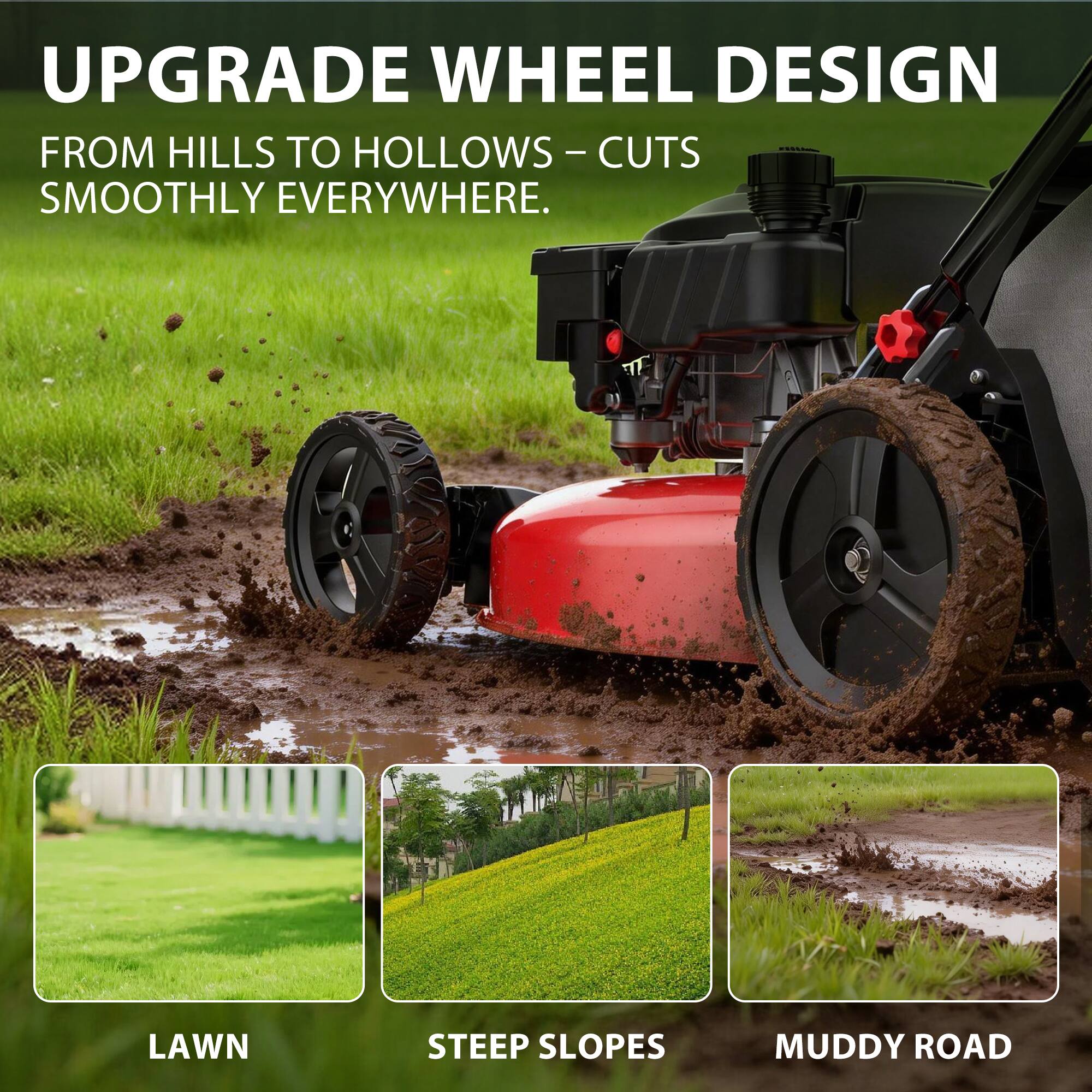 UPGRADE WHEEL DESIGN  
FROM HILLS TO HOLLOW - CUTS SMOOTHLY EVERYWHERE.  

TF LAWN STEEP SLOPES MUDDY ROAD  

LAWN  
STEEP SLOPES  
MUDDY ROAD