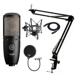 AKG - P220 Condenser Microphone with Knox Gear Pop Filter and Boom Arm Stand