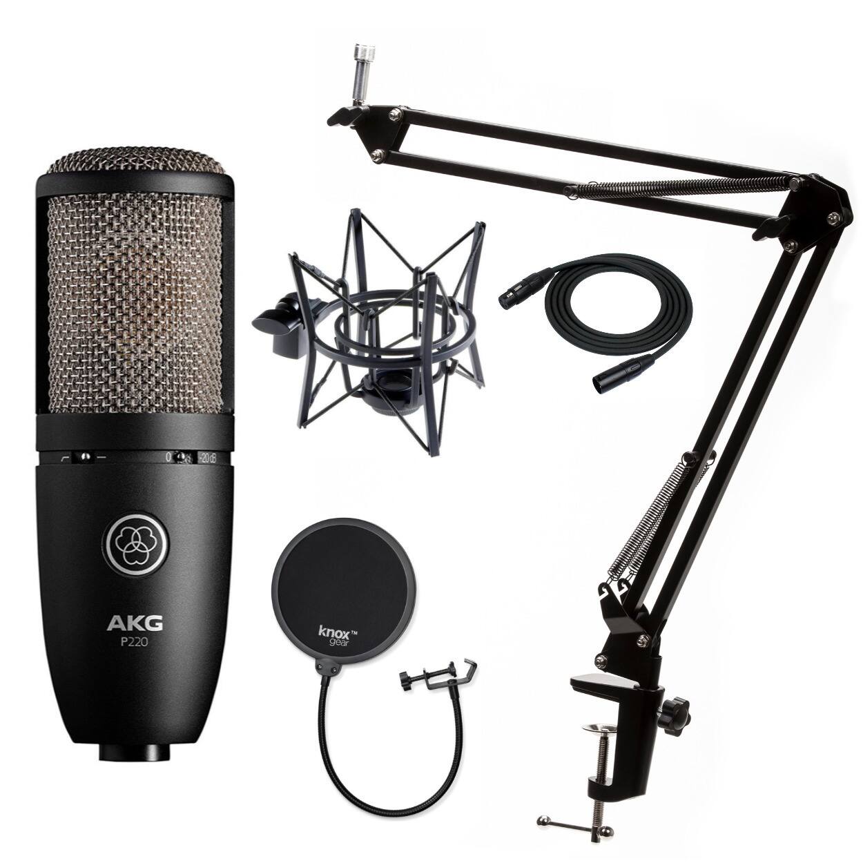 AKG - P220 Condenser Microphone with Knox Gear Pop Filter and Boom Arm Stand