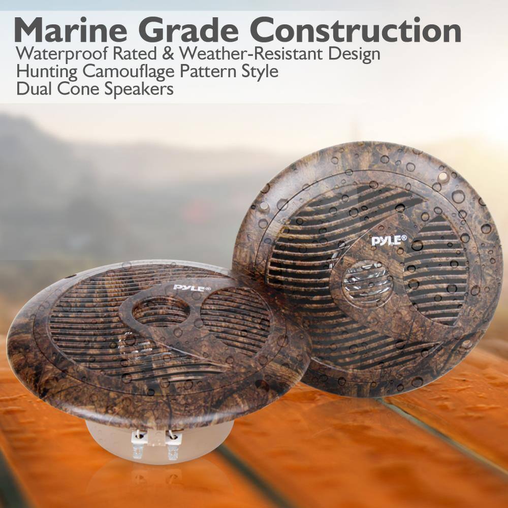Marine Grade Construction  
Waterproof Rated & Weather-Resistant Design  
Hunting Camouflage Pattern Style  
Dual Cone Speakers