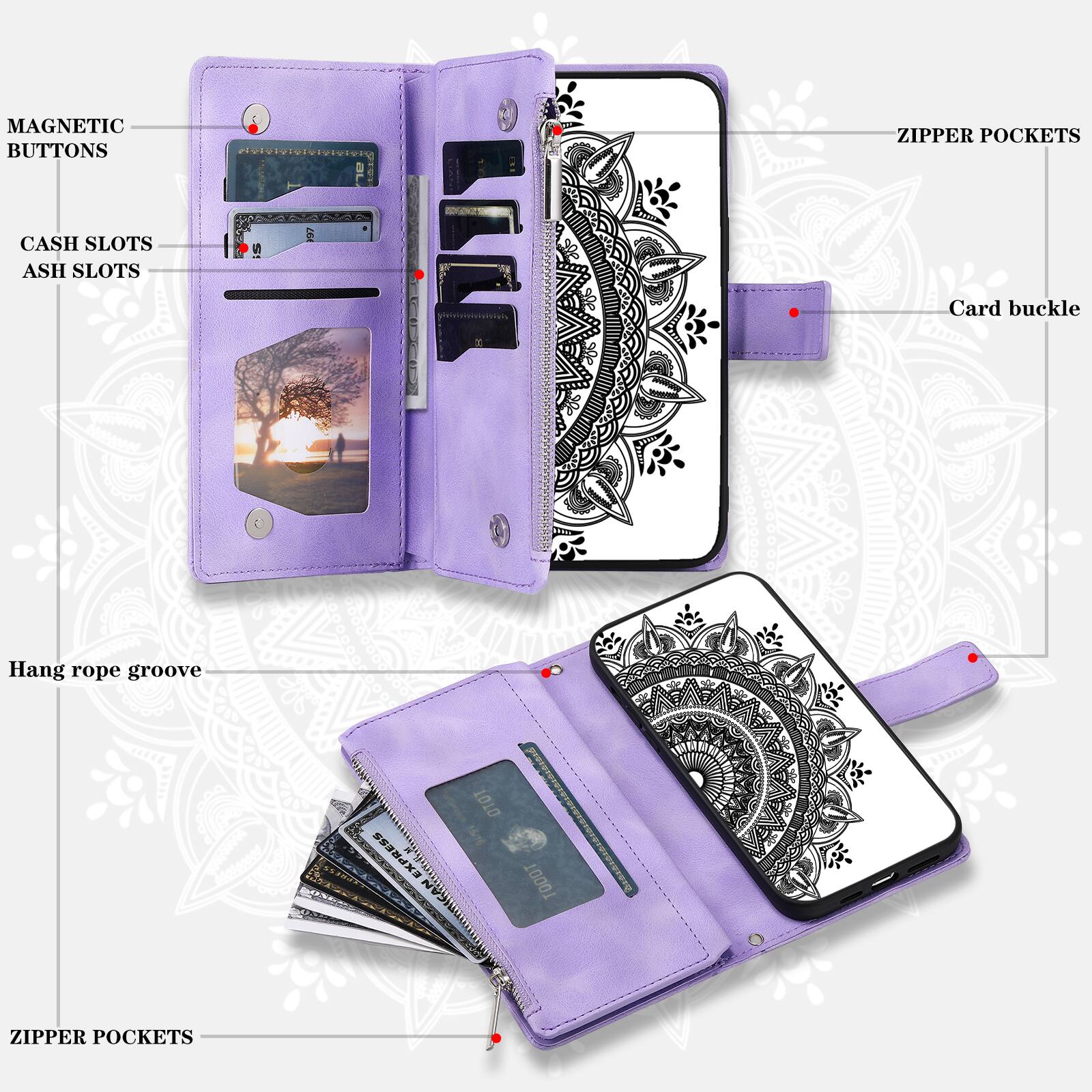 MAGNETIC BUTTONS  
ZIPPER POCKETS  
CASH SLOTS  
ASH SLOTS  
Card buckle  
Hang rope groove  
ZIPPER POCKETS