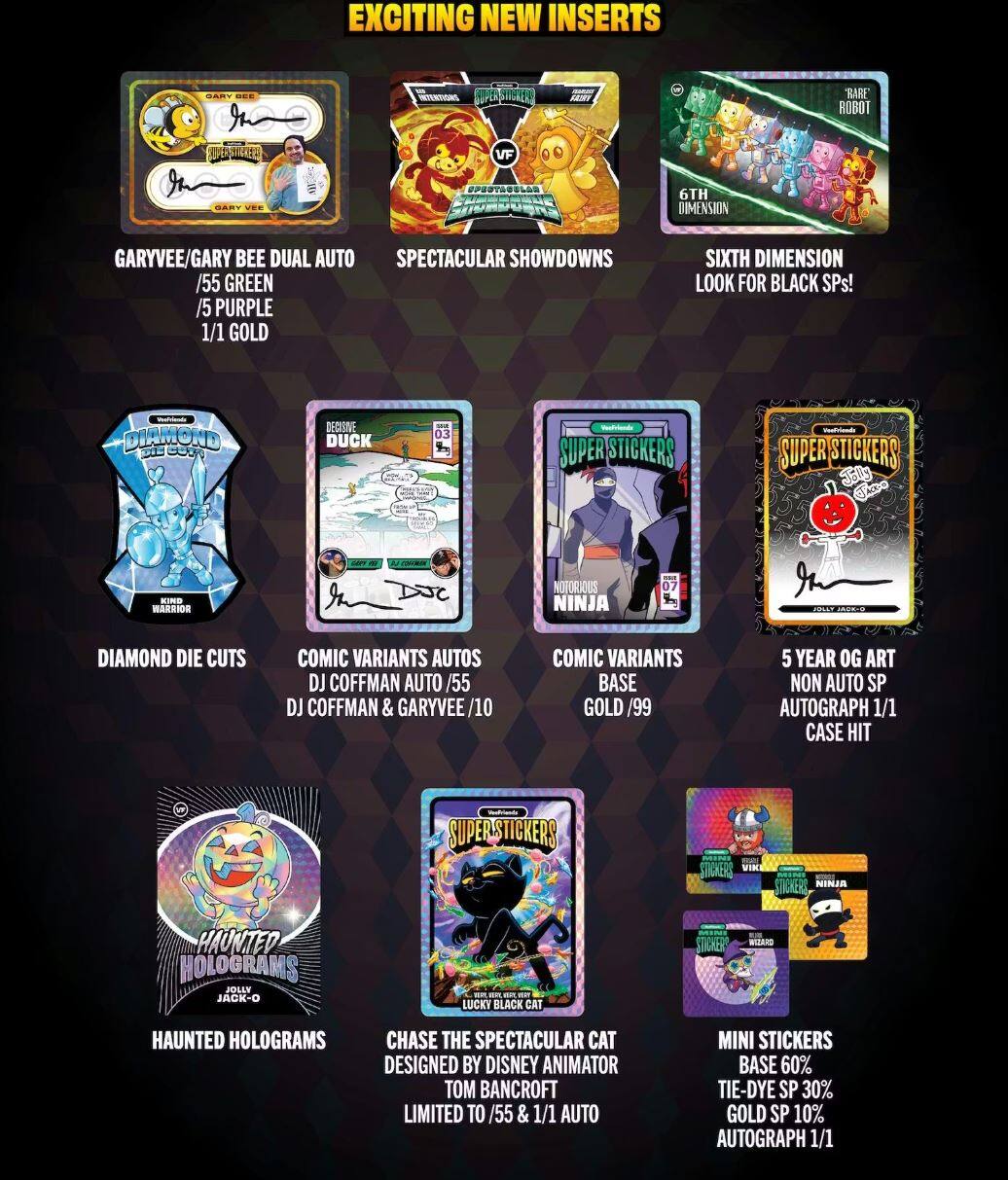 EXCITING NEW INSERTS

- GARYVEE/GARY BEE DUAL AUTO
  /55 GREEN
  /5 PURPLE
  1/1 GOLD

- SPECTACULAR SHOWDOWNS

- SIXTH DIMENSION
  LOOK FOR BLACK SPs!

- DIAMOND DIE CUTS

- COMIC VARIANTS AUTOS
  DJ COFFMAN AUTO /55
  DJ COFFMAN & GARYVEE /10

- COMIC VARIANTS
  BASE GOLD /99

- 5 YEAR OG ART
  NON AUTO SP
  AUTOGRAPH 1/1
  CASE HIT

- SUPER STICKERS
  NOTORIOUS NINJA 07

- HAUNTED HOLOGRAMS

- CHASE THE SPECTACULAR CAT
  DESIGNED BY DISNEY ANIMATOR TOM BANCROFT
  LIMITED TO /55 & 1/1 AUTO

- MINI STICKERS
  BASE 60% TIE-DYE SP 30% GOLD SP 10% AUTOGRAPH 1/1