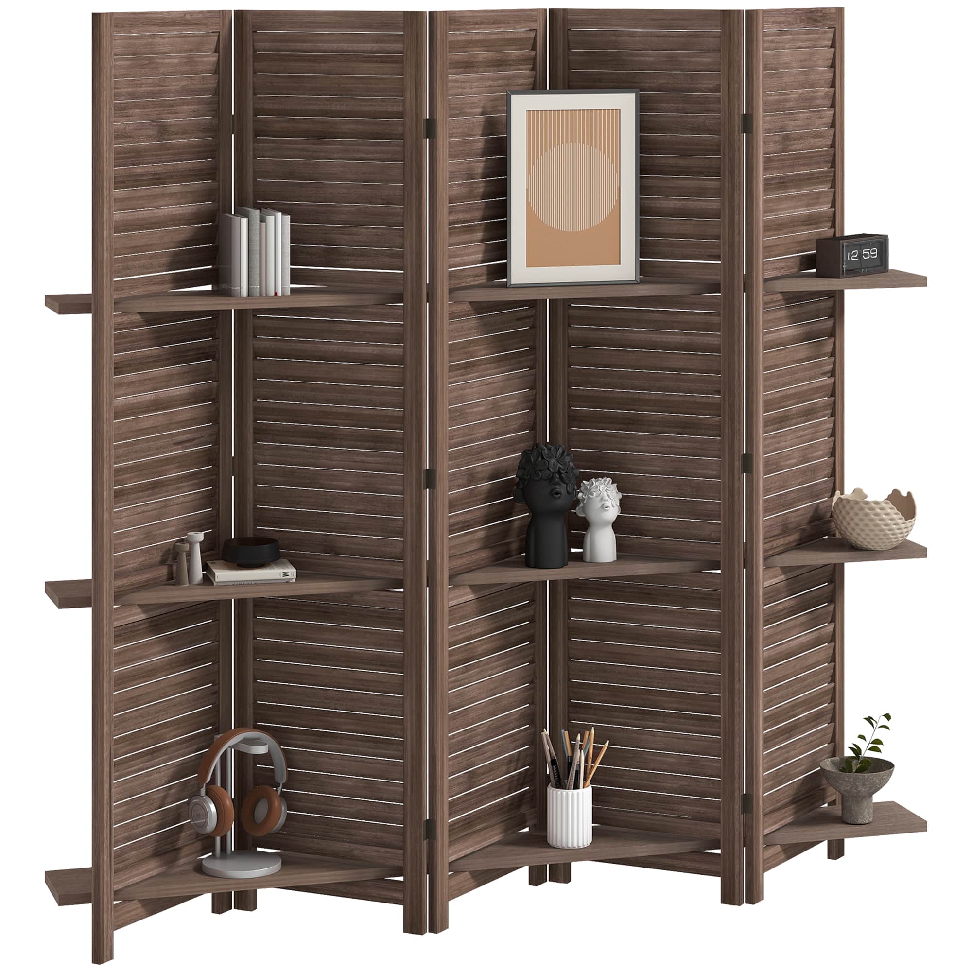 Homcom - Room Divider, 5 Panel 67" Tall Wood Privacy Screen with 3 Display Shelves, and Folding Storage for Bedroom - natural