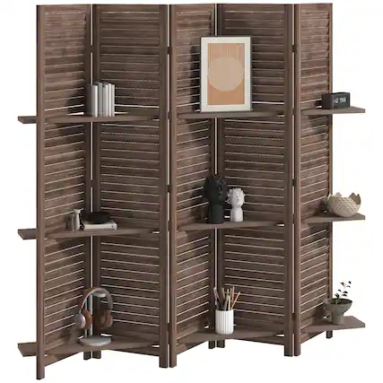 Front. Homcom - Room Divider, 5 Panel 67" Tall Wood Privacy Screen with 3 Display Shelves, and Folding Storage for Bedroom - natural.