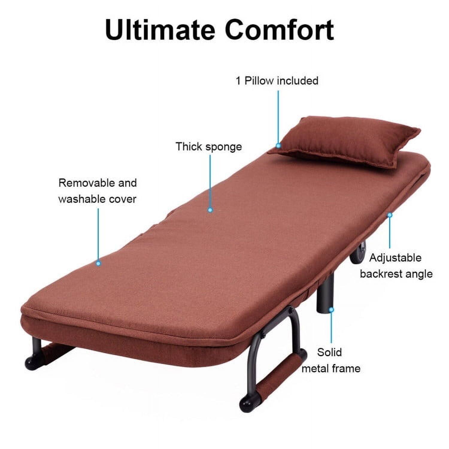 Ultimate Comfort  
1 Pillow included  
Thick sponge  
Removable and washable cover  
Adjustable backrest angle  
Solid metal frame