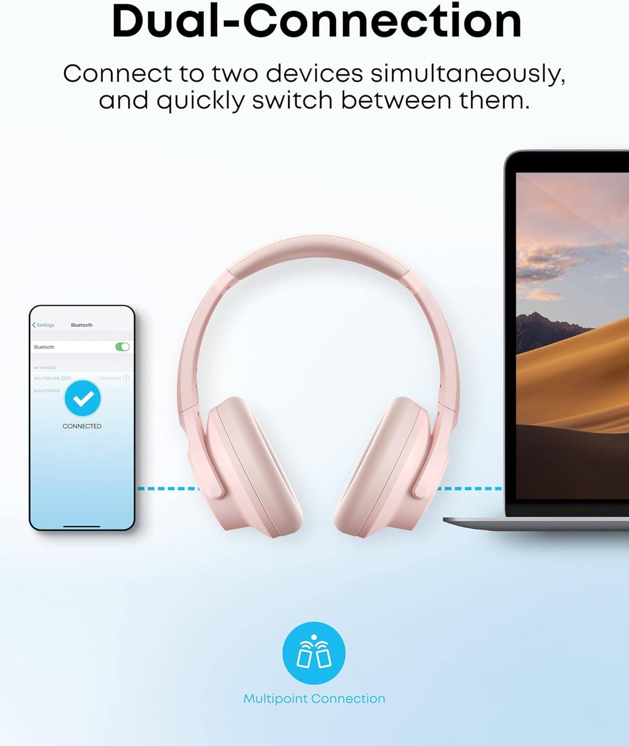 Dual-Connection
Connect to two devices simultaneously, and quickly switch between them.
Settings
Bluetooth
Bluetooth
Devices
soundcore Q20
Connected
soundcore
CONNECTED
Multipoint Connection