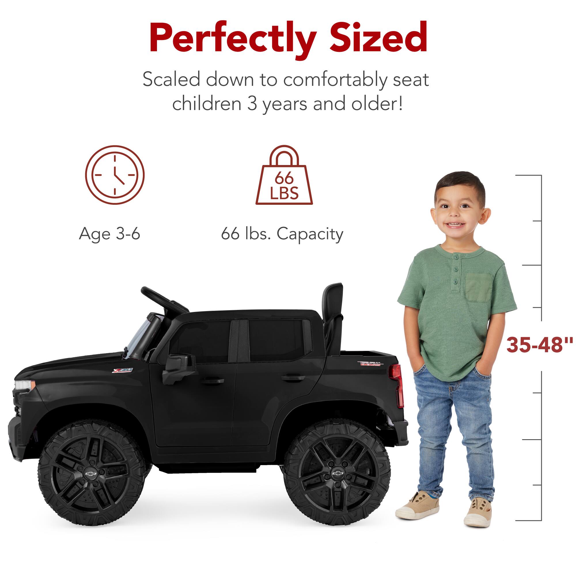 Perfectly Sized, Scaled down to comfortably seat children 3 years and older! Age 3-6, 66 lbs. Capacity, 35-48"
