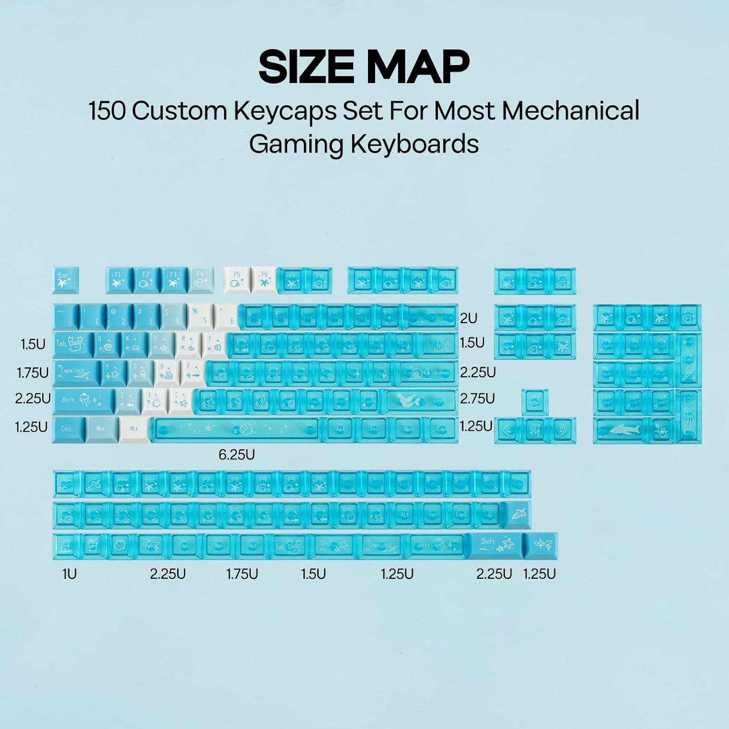 SIZE MAP  
150 Custom Keycaps Set For Most Mechanical Gaming Keyboards  

F 1 e 2U 1.5U 1.5U 1.75U 2.25U 2.25U Sht 2.75U 1.25U Cot ALI 1.25U 6.25U Dif 1U 2.25U 1.75U 1.5U 1.25U 2.25U 1.25U