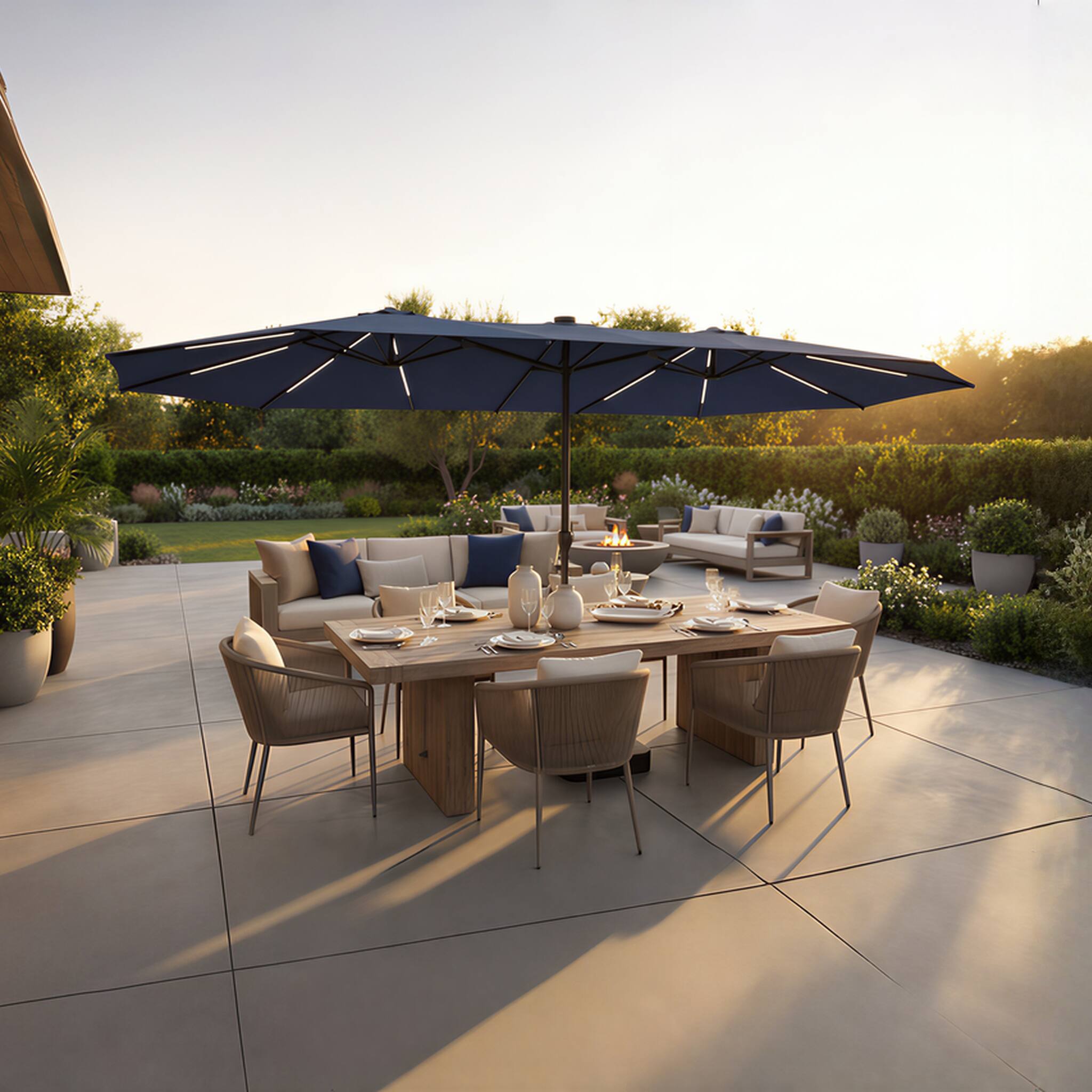 Alt View 2. Famapy - Double Top Patio Umbrella with LED Lights Outdoor Market UmbrellaLarge Twin Canopy Deck Umbrella for Patio Garden - Navy blue.