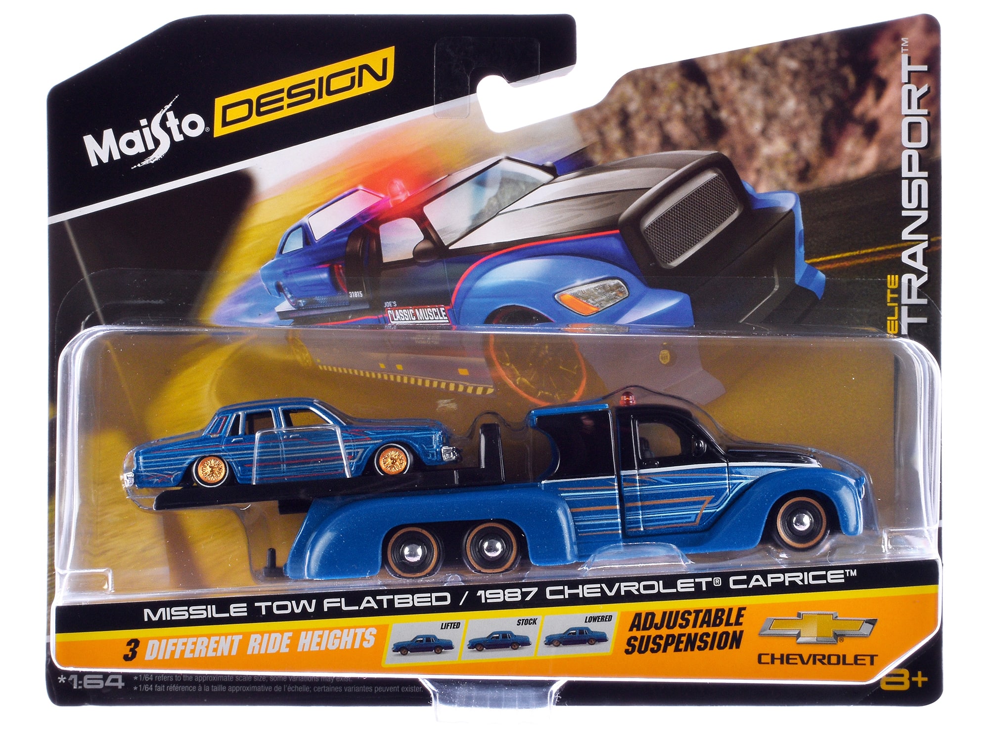 Maisto- Missile Tow Flatbed Truck Blue/Black w/ Graphics & 1987 Chevrolet Caprice Lowrider Blue w/ Graphics 1/64- Blue Metallic and Black