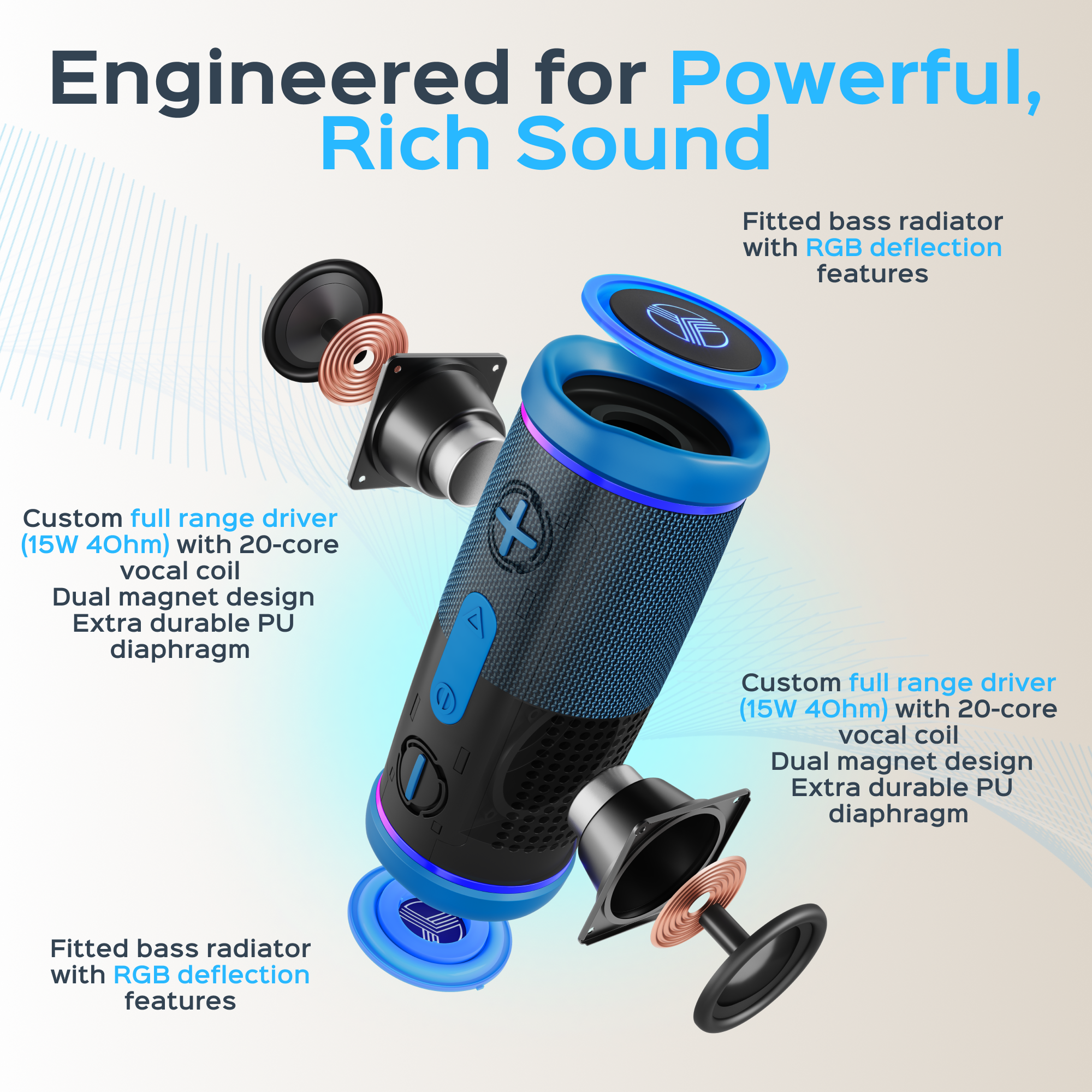 Engineered for Powerful, Rich Sound

- Custom full range driver (15W 40hm) with 20-core vocal coil
- Dual magnet design
- Extra durable PU diaphragm
- Fitted bass radiator with RGB deflection features