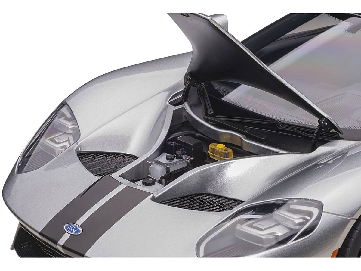 Left. Autoart - 2017 Ford GT Ingot Silver Metallic with Black Stripes 1/12 Model Car by Autoart - Silver Metallic with Black Stripes.