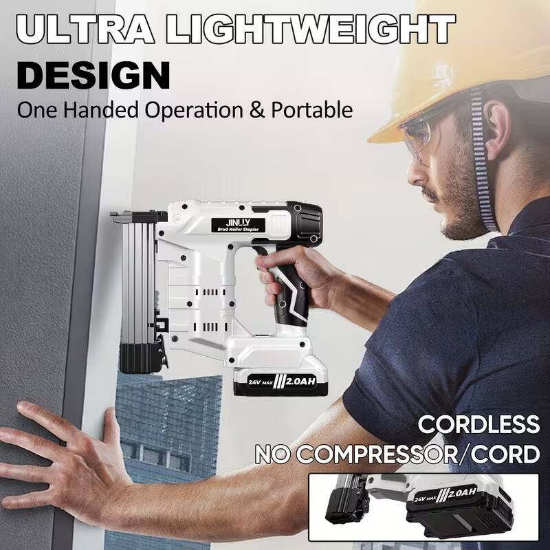 ULTRA LIGHTWEIGHT DESIGN  
One Handed Operation & Portable  

JINLY  
Bread Nail Stapler  

24V MAX 2.0AH  

CORDLESS  
NO COMPRESSOR/CORD