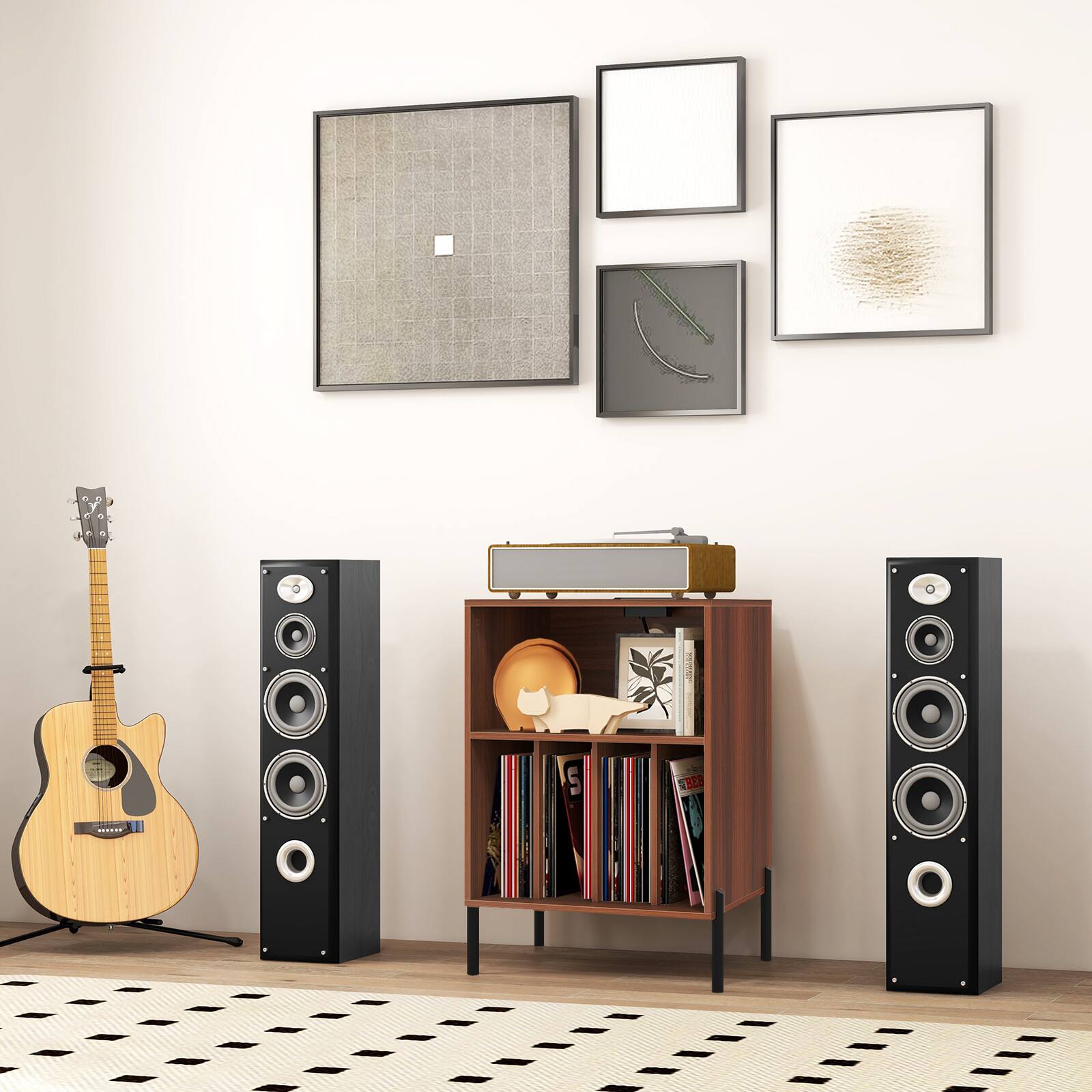 Alt View 3. Gymax - Gymax Record Player Stand w/Charging Station 5 Storage Compartments Anti-toppling Kits - Walnut.