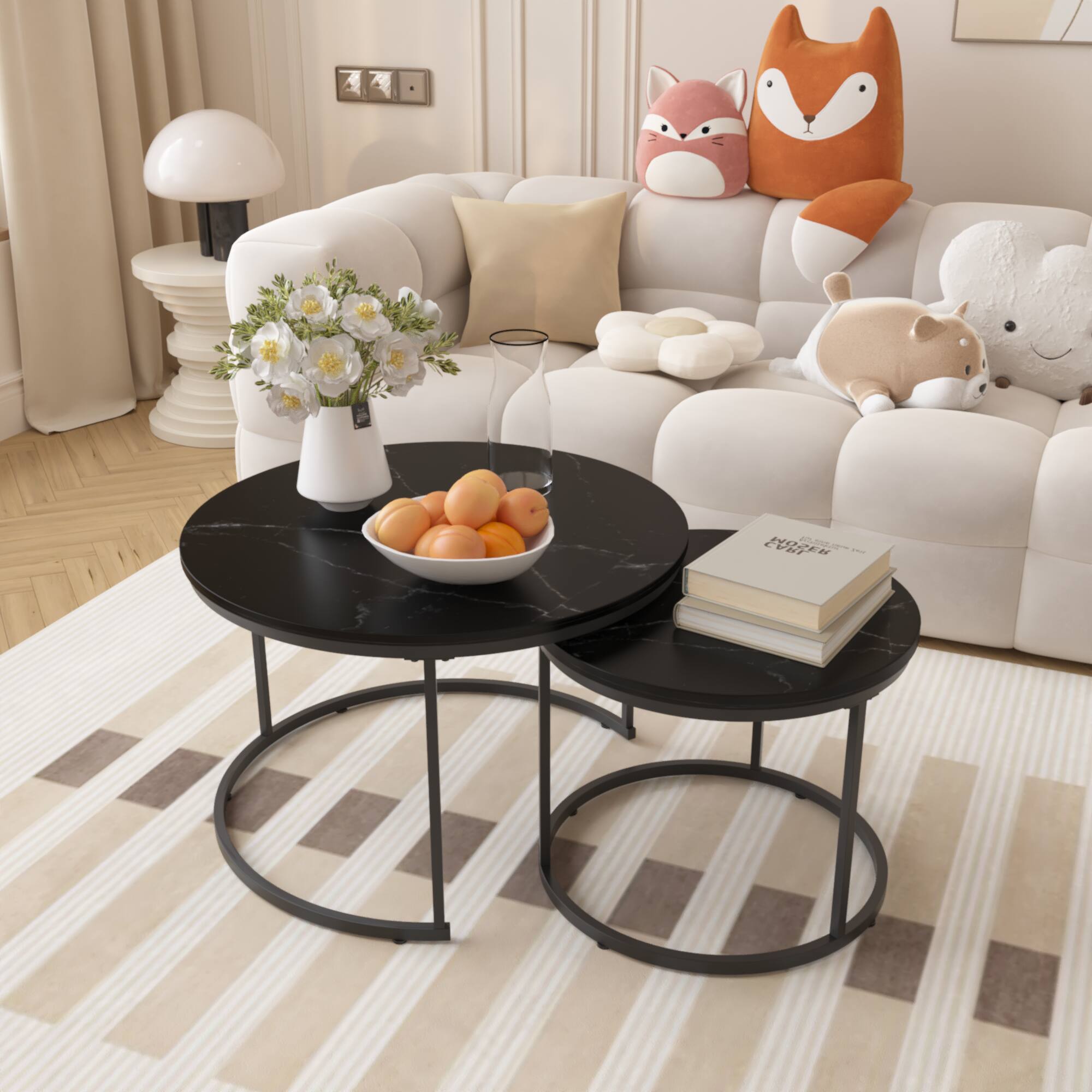 Z-Edge - Modern Coffee Table, Nesting Round Table Set of 2, Side Table with Sturdy Metal Frame for Living Room Bedroom Apartment - Black
