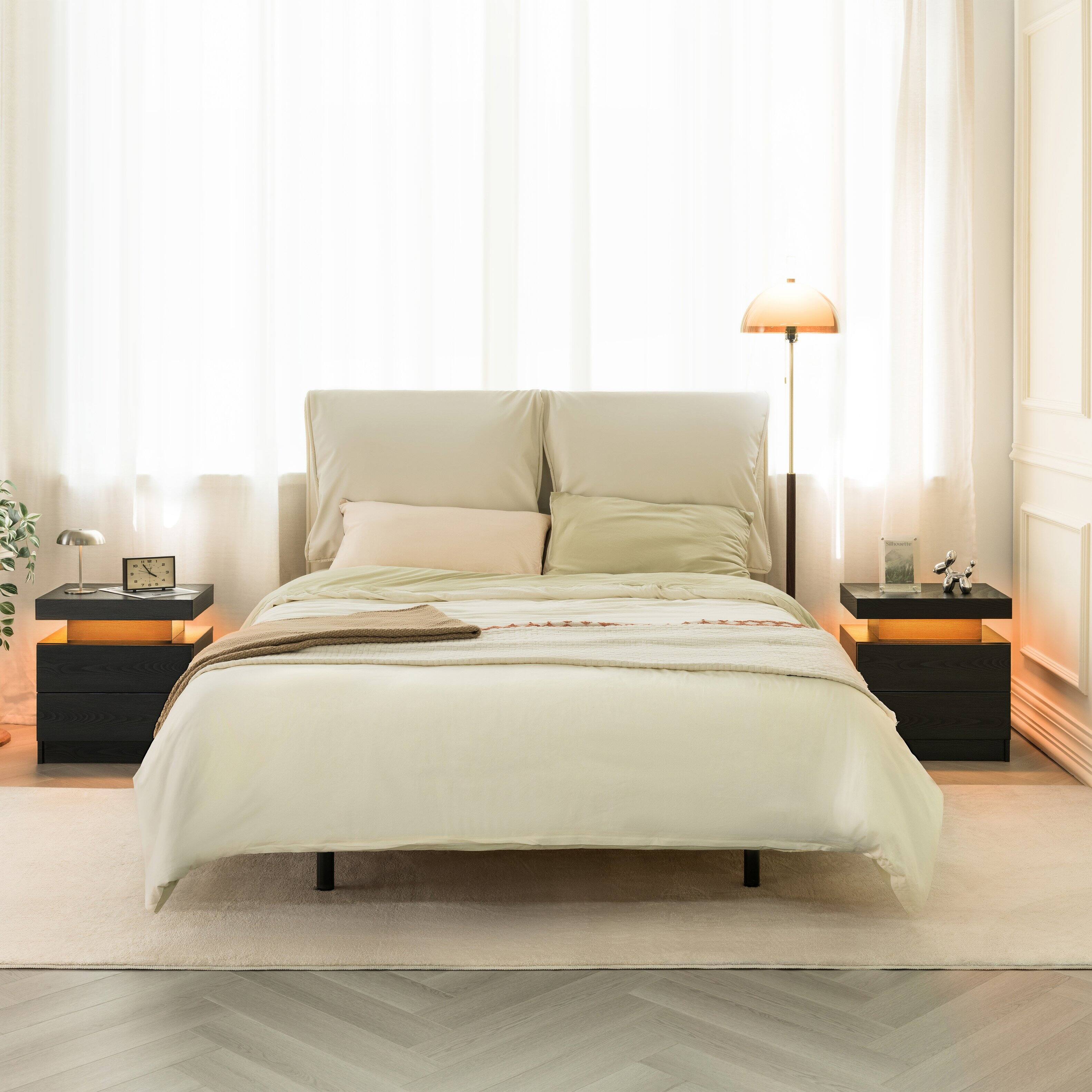 Alt View 5. Ecooso - LED Nightstand Bedside Table, Modern 2-Drawer Storage Cabinet for Bedroom, Adjustable Lighting Design - Black Woodgrain.