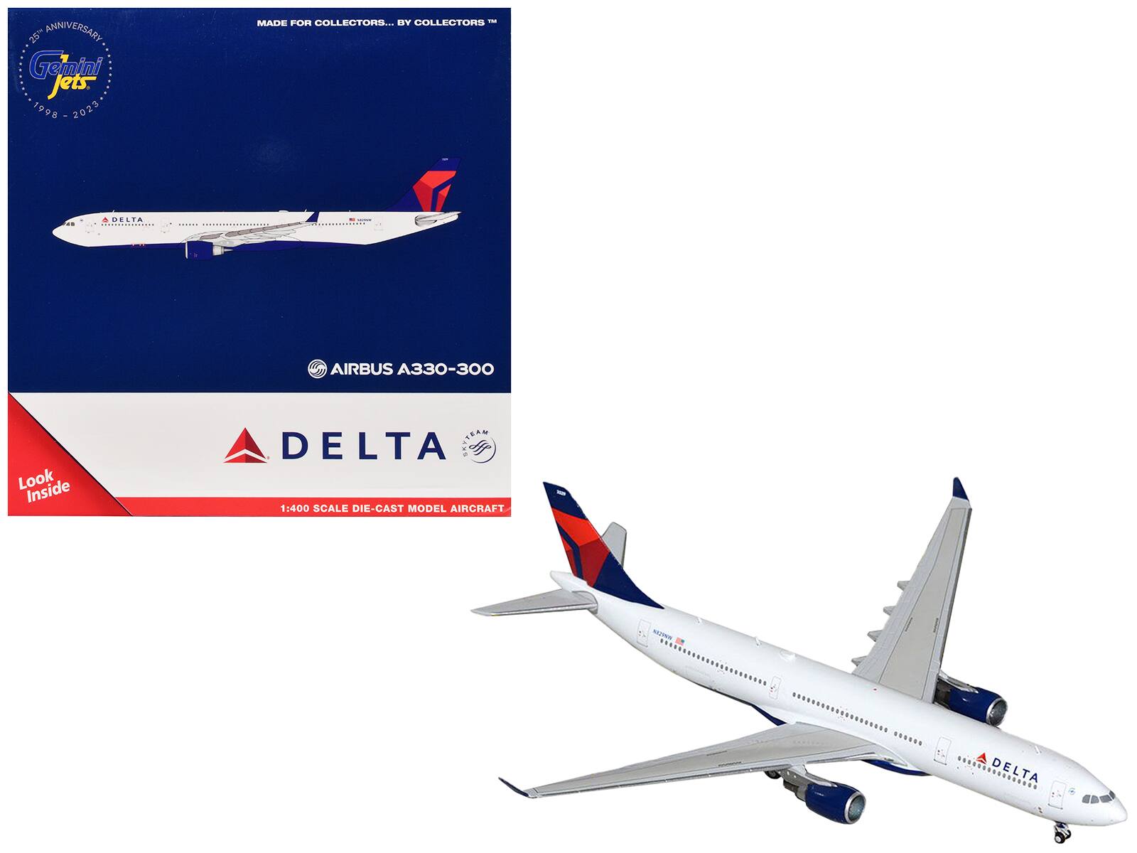 25th Anniversary Gemini Jets. 1908 - 2023. Made for Collectors... by Collectors™. Delta Airbus A330-300. Look Inside. Delta. 1:400 Scale Die-Cast Model Aircraft.
