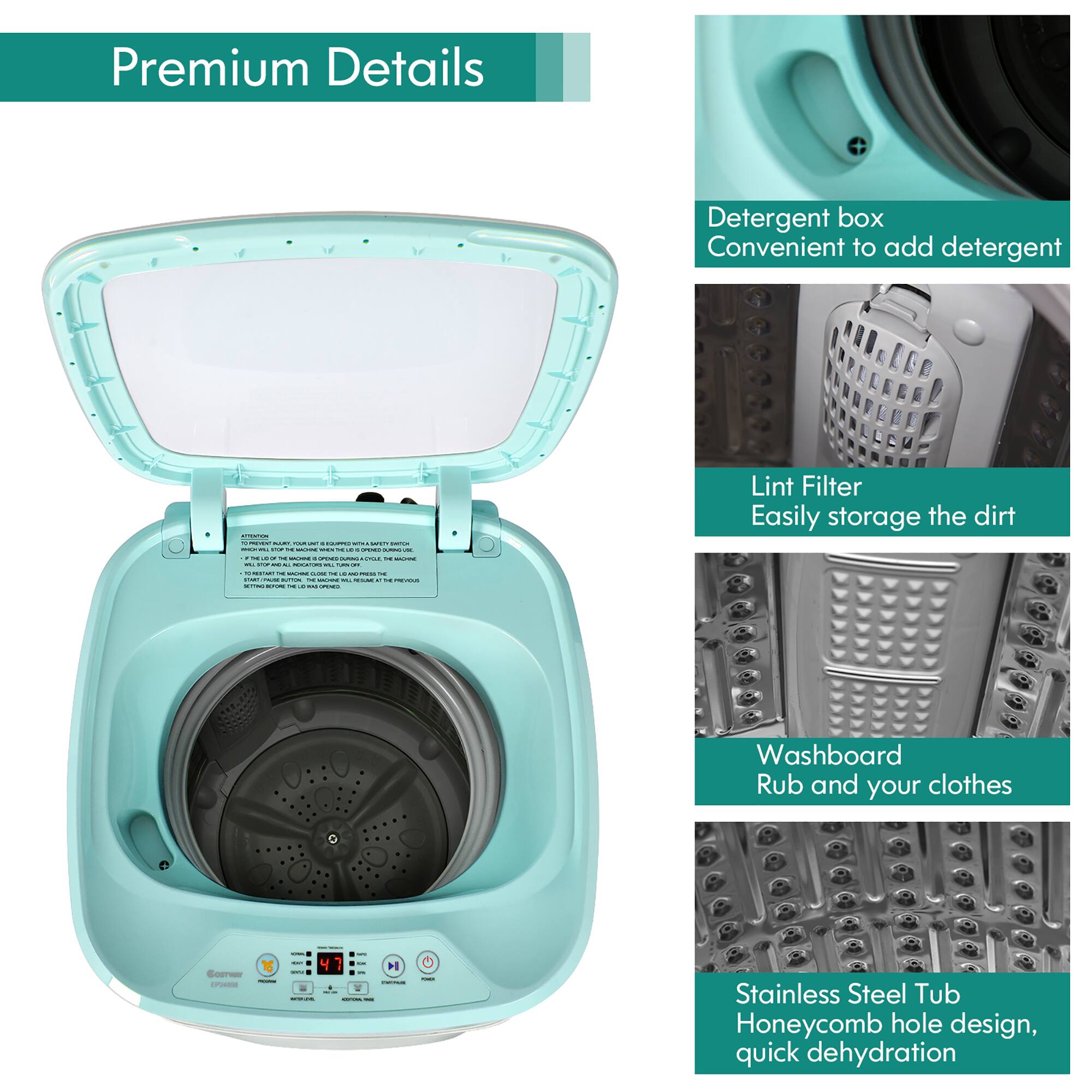 Premium Details:

* Detergent box: Convenient to add detergent
* Lint filter: Easily store the dirt
* Washboard: Rub and your clothes
* Stainless Steel Tub: Honeycomb hole design, quick dehydration