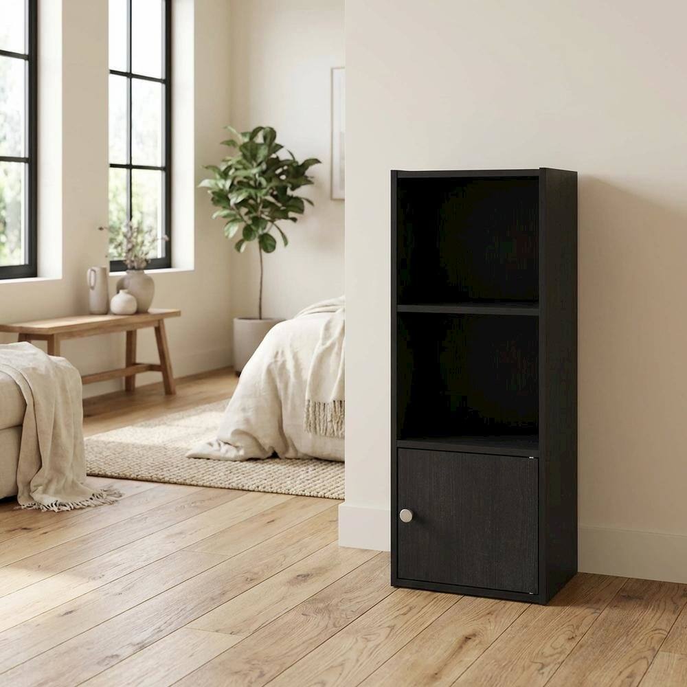 Left. FurniFact - Black 3-Tier Bookcase with Door Storage and Wood Finish - Blackwood.