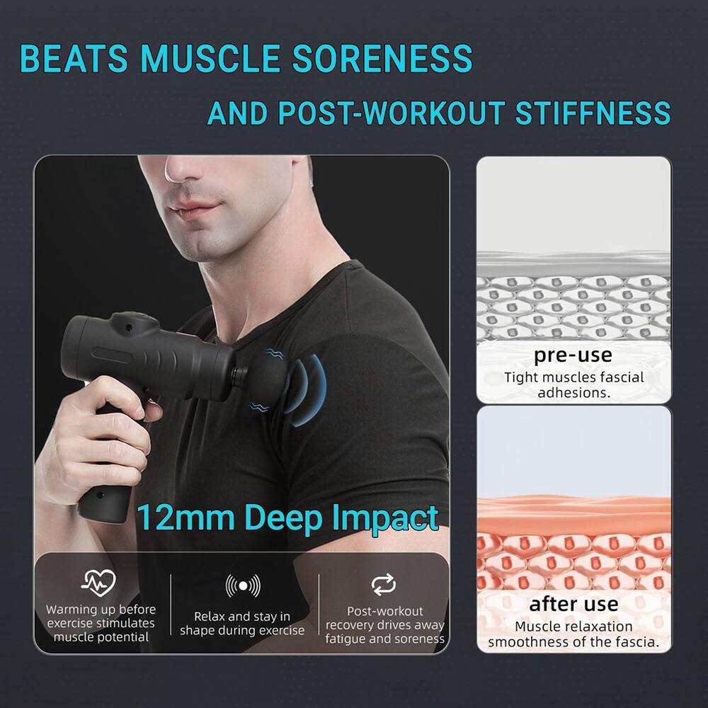 BEATS MUSCLE SORENNESS AND POST-WORKOUT STIFFNESS

12mm Deep Impact

- Warming up before exercise stimulates muscle potential
- Relax and stay in shape during exercise
- Post-workout recovery drives away fatigue and soreness

pre-use
Tight muscles fascial adhesions.

after use
Muscle relaxation smoothness of the fascia.