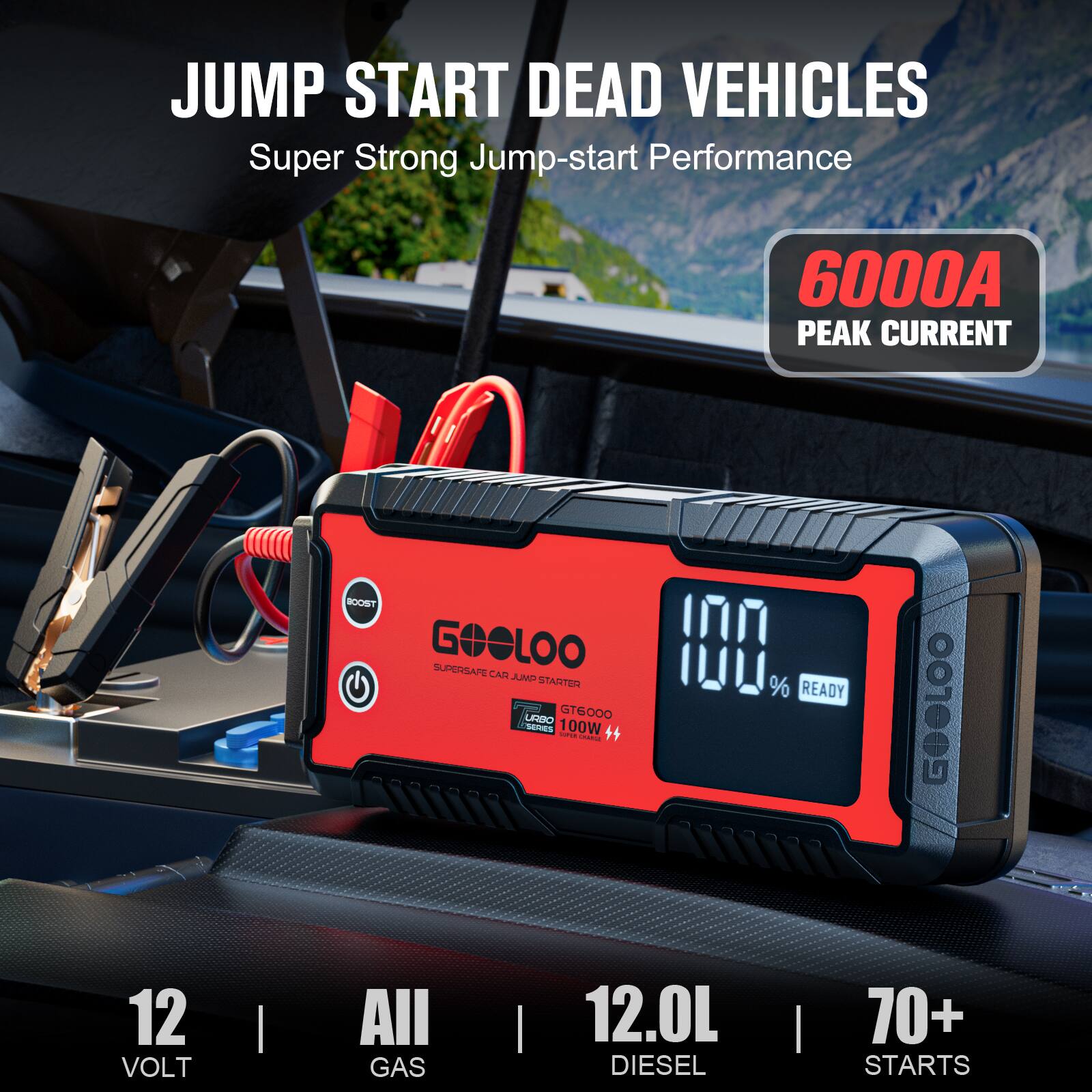 JUMP START DEAD VEHICLES  
Super Strong Jump-start Performance  
6000A PEAK CURRENT  
100% READY  
12 VOLT | All GAS | 12.0L DIESEL | 70+ STARTS