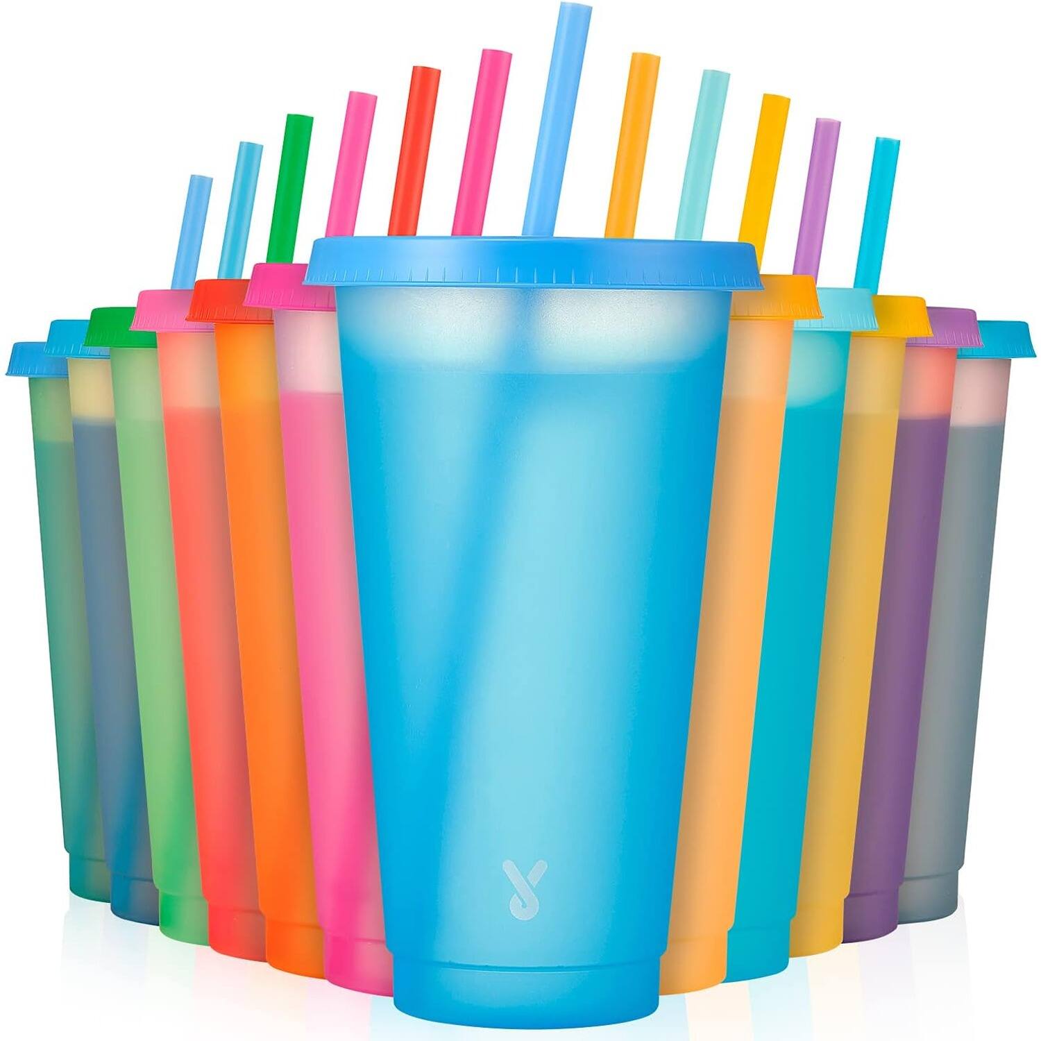 Front. PARKER SLATER - 12-pack 24oz color changing plastic cups with lids and straws, reusable cold drink tumblers for coffee, parties, kids. - Multicolor.