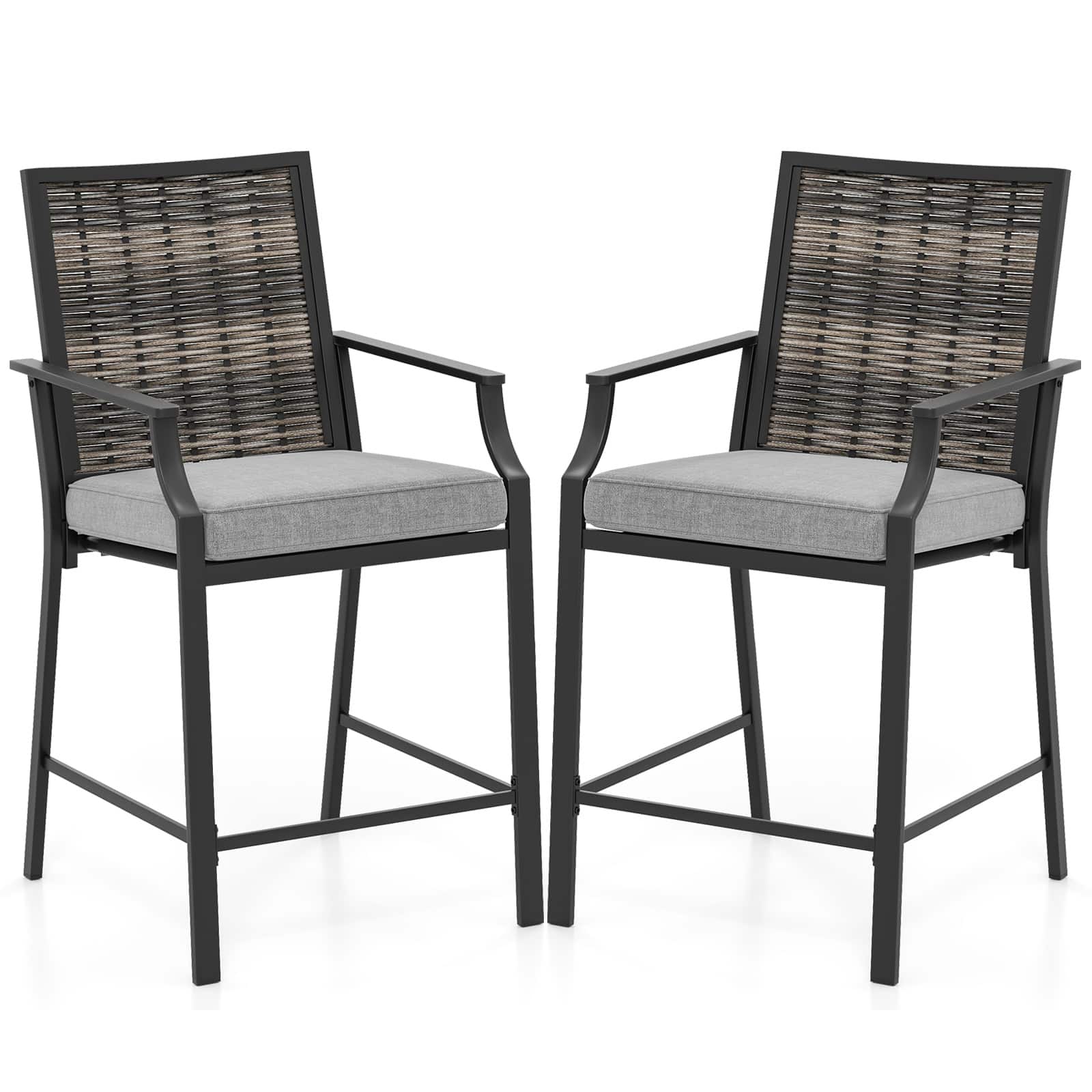 Gymax - Patio Bar Stools Set of 2 w/ Armrest Fabric Seat & Heavy-Duty Metal Frame - Mix Gray