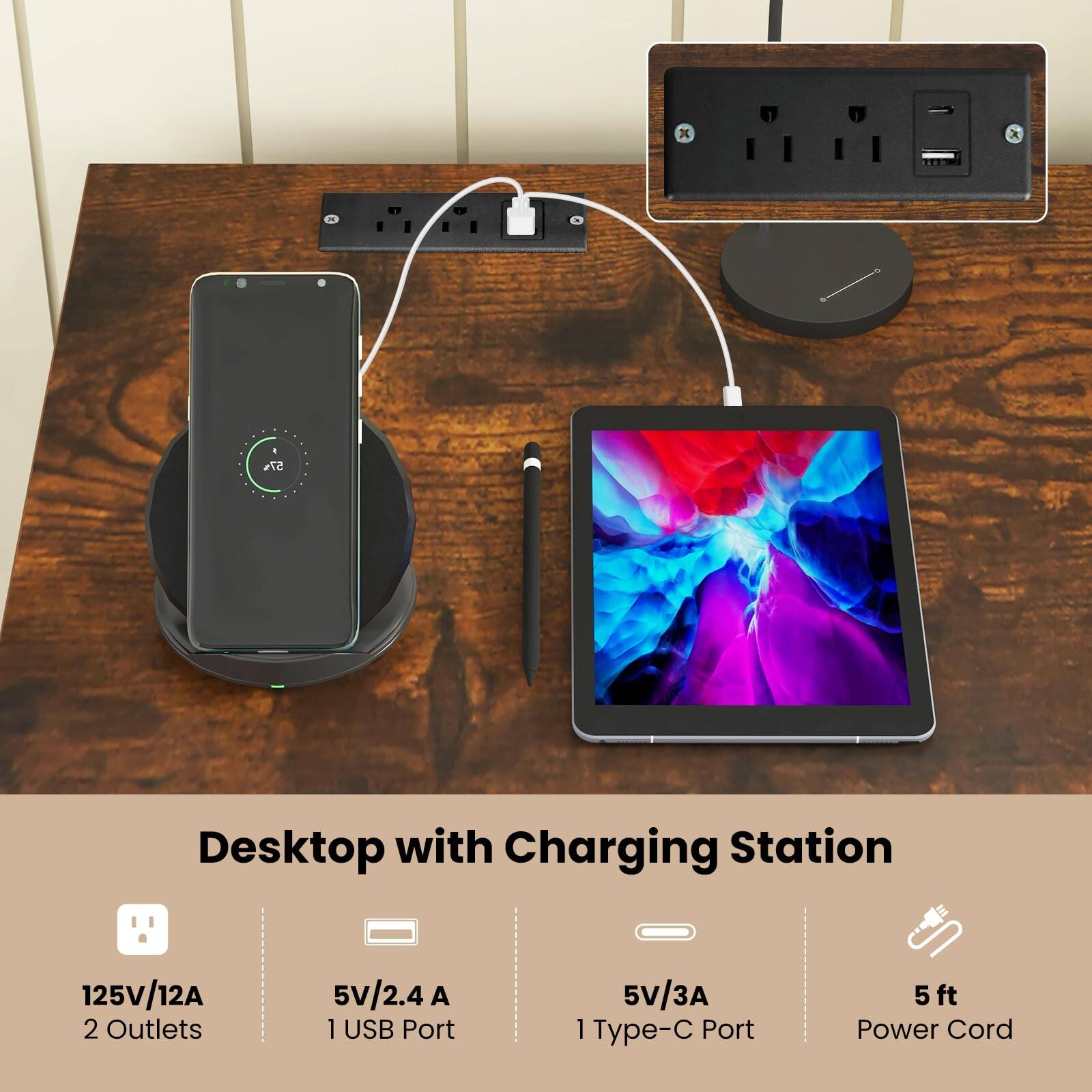 Desktop with Charging Station  
125V/12A  
2 Outlets  
5V/2.4A  
1 USB Port  
5V/3A  
1 Type-C Port  
5 ft Power Cord