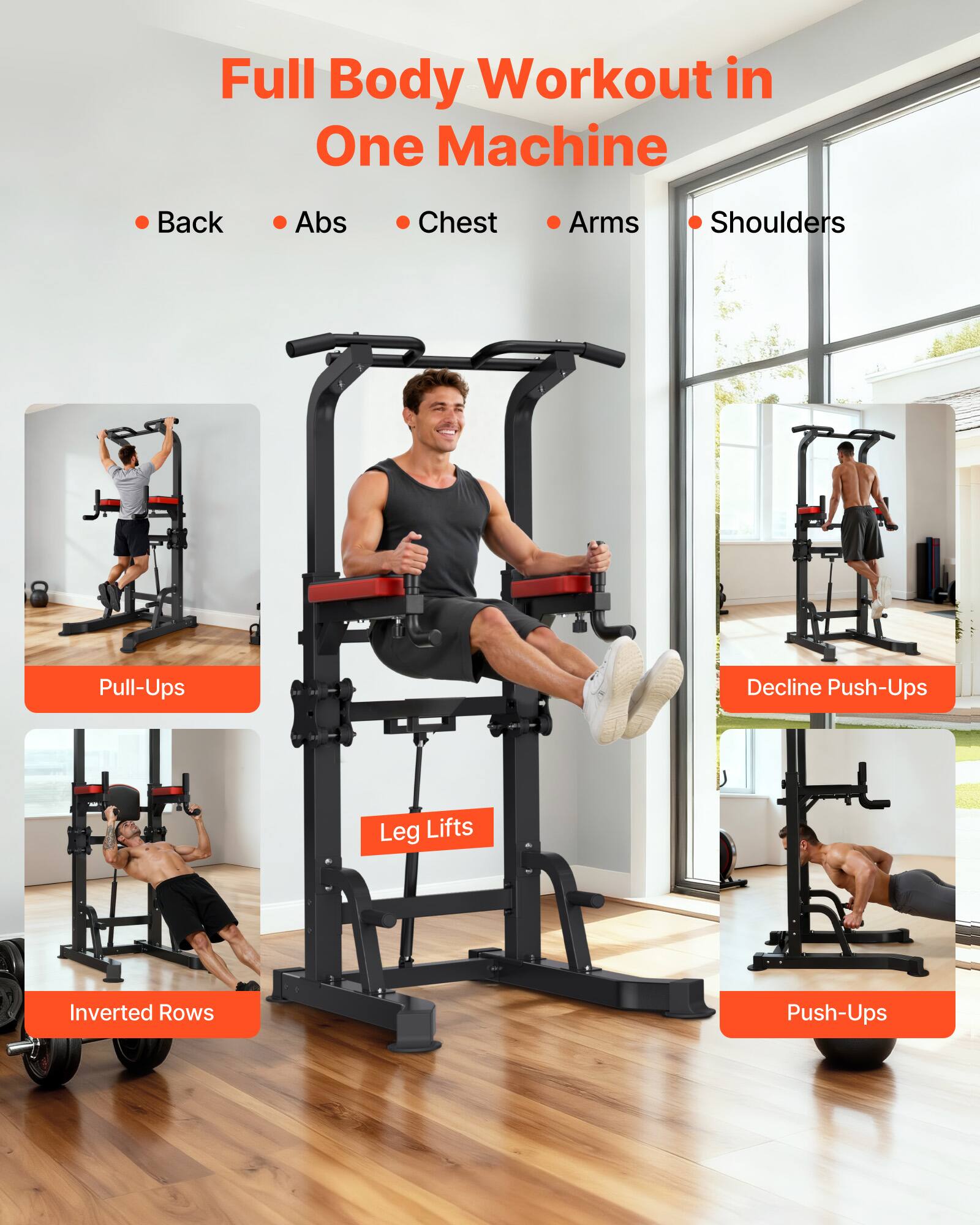 Full Body Workout in One Machine  
Back, Abs, Chest, Arms, Shoulders  
- Pull-Ups  
- Decline Push-Ups  
- Leg Lifts  
- Inverted Rows  
- Push-Ups