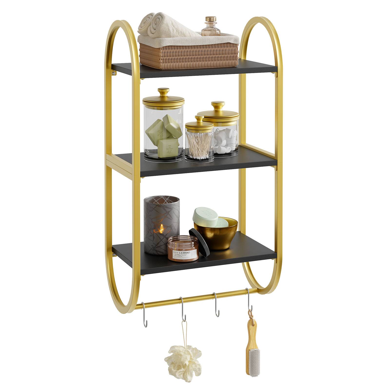 Front. Bestier - 3-Tier Floating Wall Shelves with Towel Bar & Hooks - Versatile Home Storage - Black.