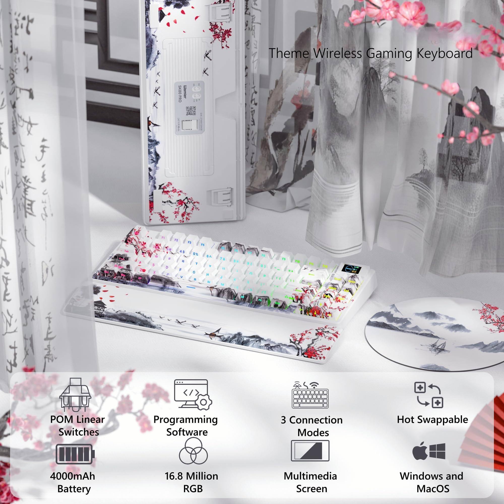 Sure, here is the corrected and grouped text from the image:

---

**Theme Wireless Gaming Keyboard**

- **POM Linear Switches**
- **Programming Software**
- **4000mAh Battery**
- **16.8 Million RGB**
- **3 Connection Modes**
- **Hot Swappable**
- **Multimedia Screen**
- **Windows and MacOS**

---