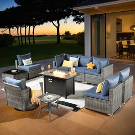 Ovios - 10 PCS Patio Furniture Set, Sectional Sofa with Swivel Chair, Coffee Table & 42" Fire Pit Table - Denim Blue