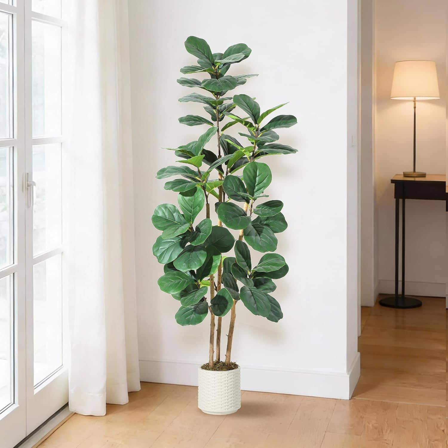 Homhougo - 5FT Artificial Fiddle Leaf Fig Tree Indoor, Lifelike Faux Ficus Lyrata with White Planter for Modern Decor - Green