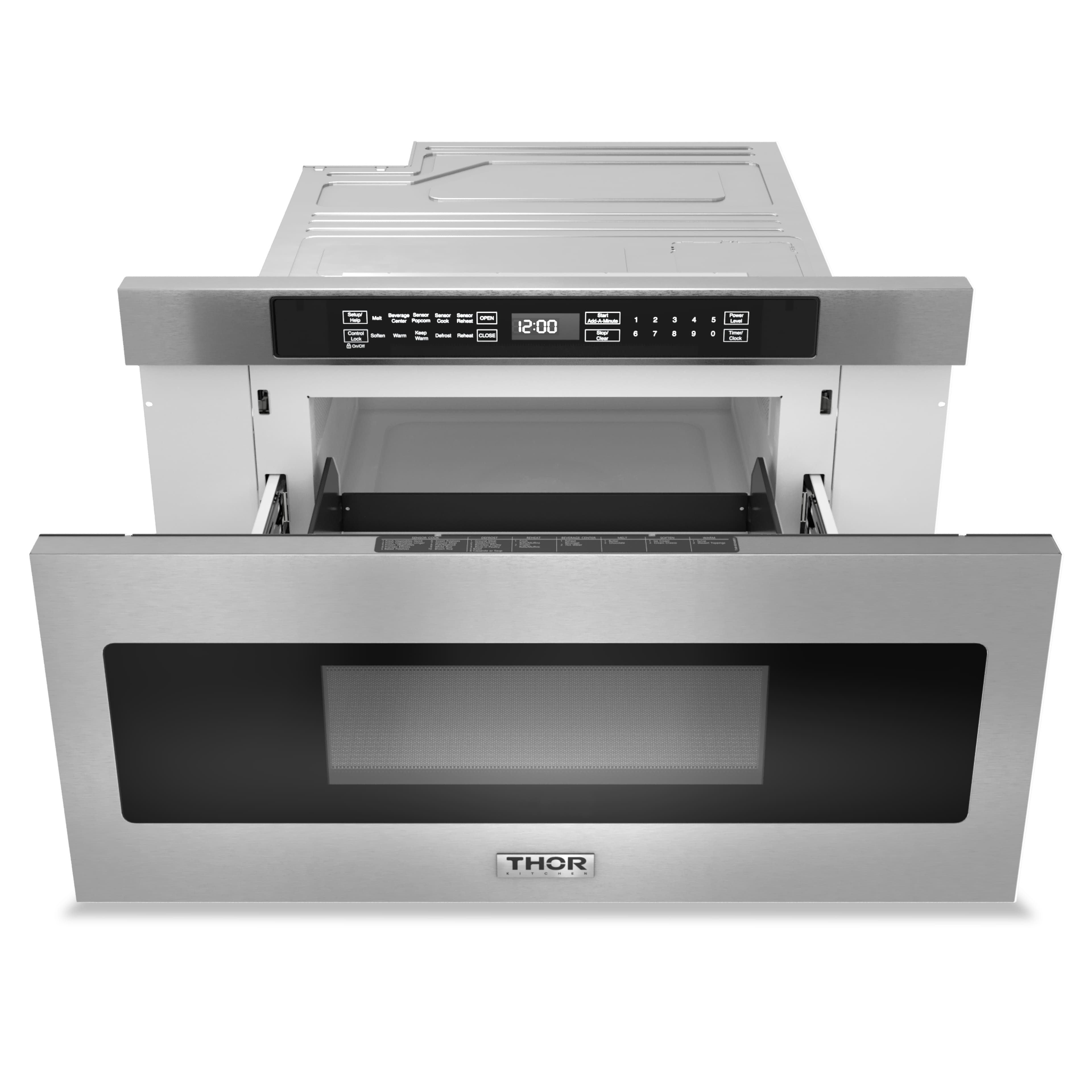 Thor is a brand of microwave ovens, as seen in the image. The microwave oven is a combination of a microwave and an oven, providing versatile cooking options. The image features a close-up of the microwave oven, showcasing its features and design.