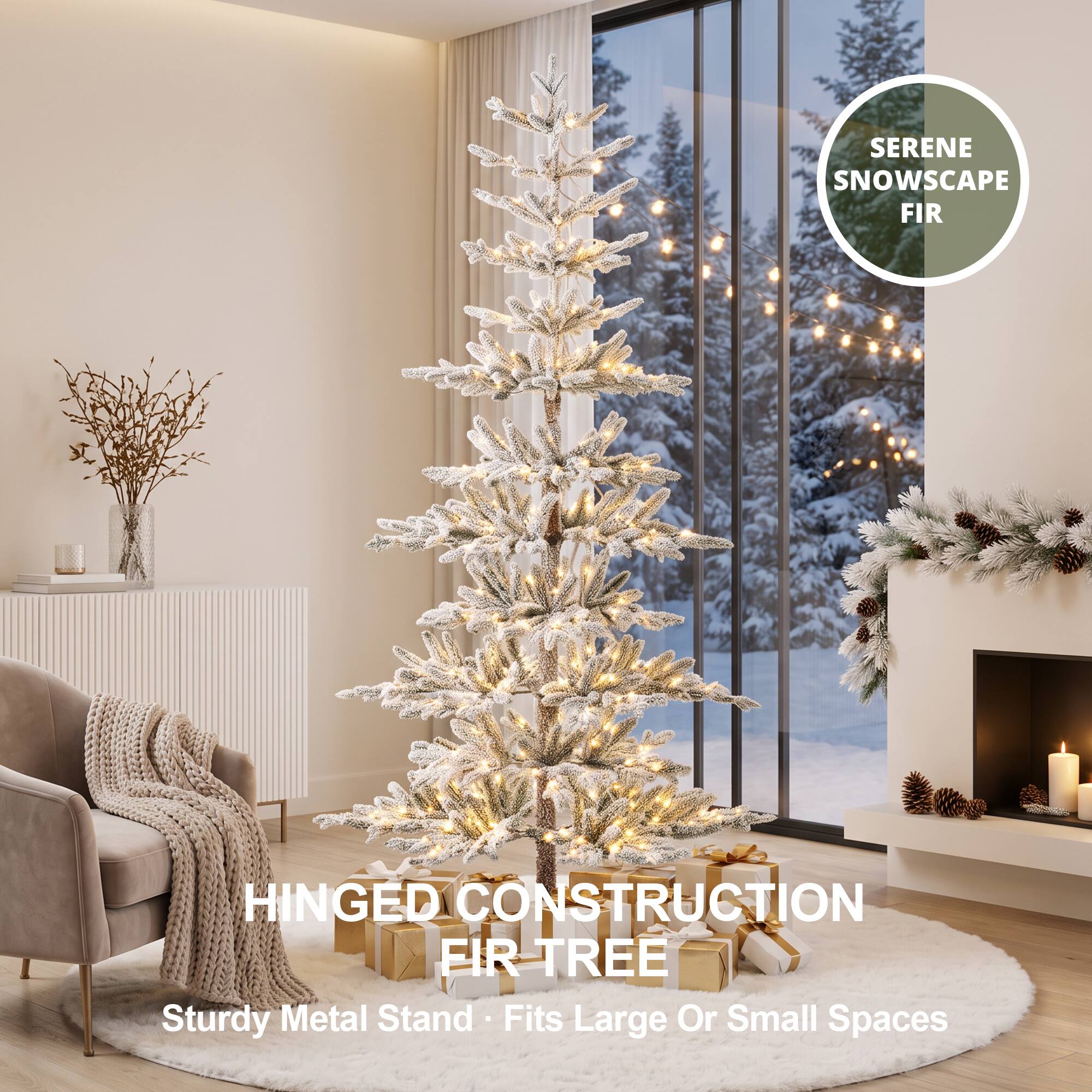SERENE SNOWSCAPE FIR  
HINGED CONSTRUCTION FIR TREE  
Sturdy Metal Stand • Fits Large Or Small Spaces