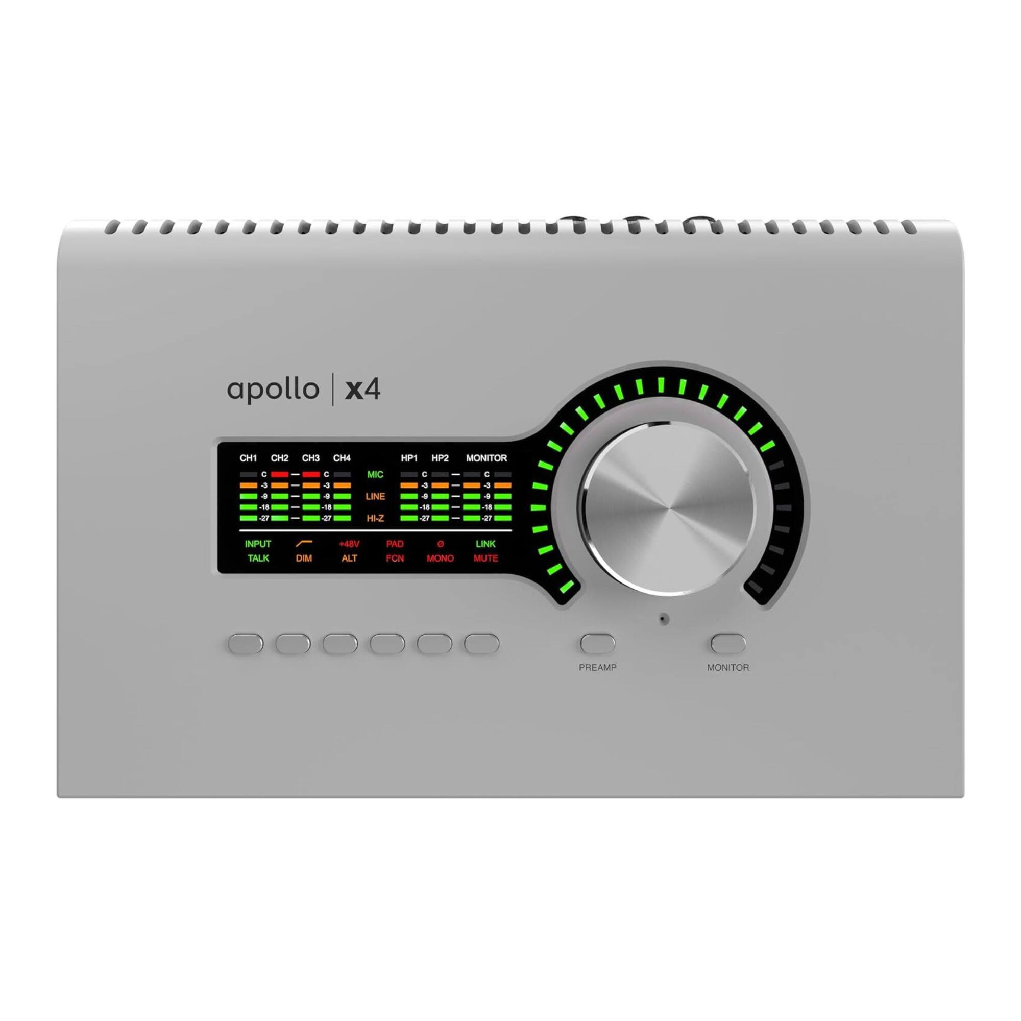 apollo x4  
CH1 CH2 CH3 CH4  
HP1 HP2  
MONITOR  
MIC LINE  
INPUT TALK  
DIM ALT  
PAD FON  
MONO LINK MUTE  
PREAMP  
MONITOR