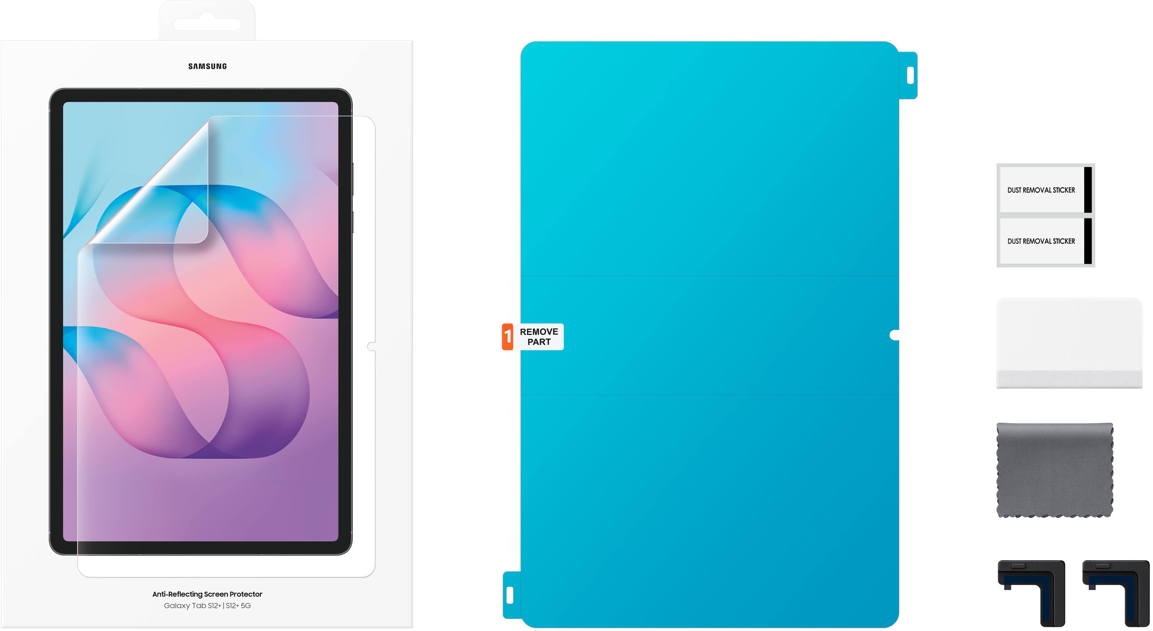 SAMSUNG  
DUST REMOVAL STICKER  
DUST REMOVAL STICKER  
REMOVE 1 PART  
Anti-Reflecting Screen Protector Galaxy Tab S12+ S12+ 5G