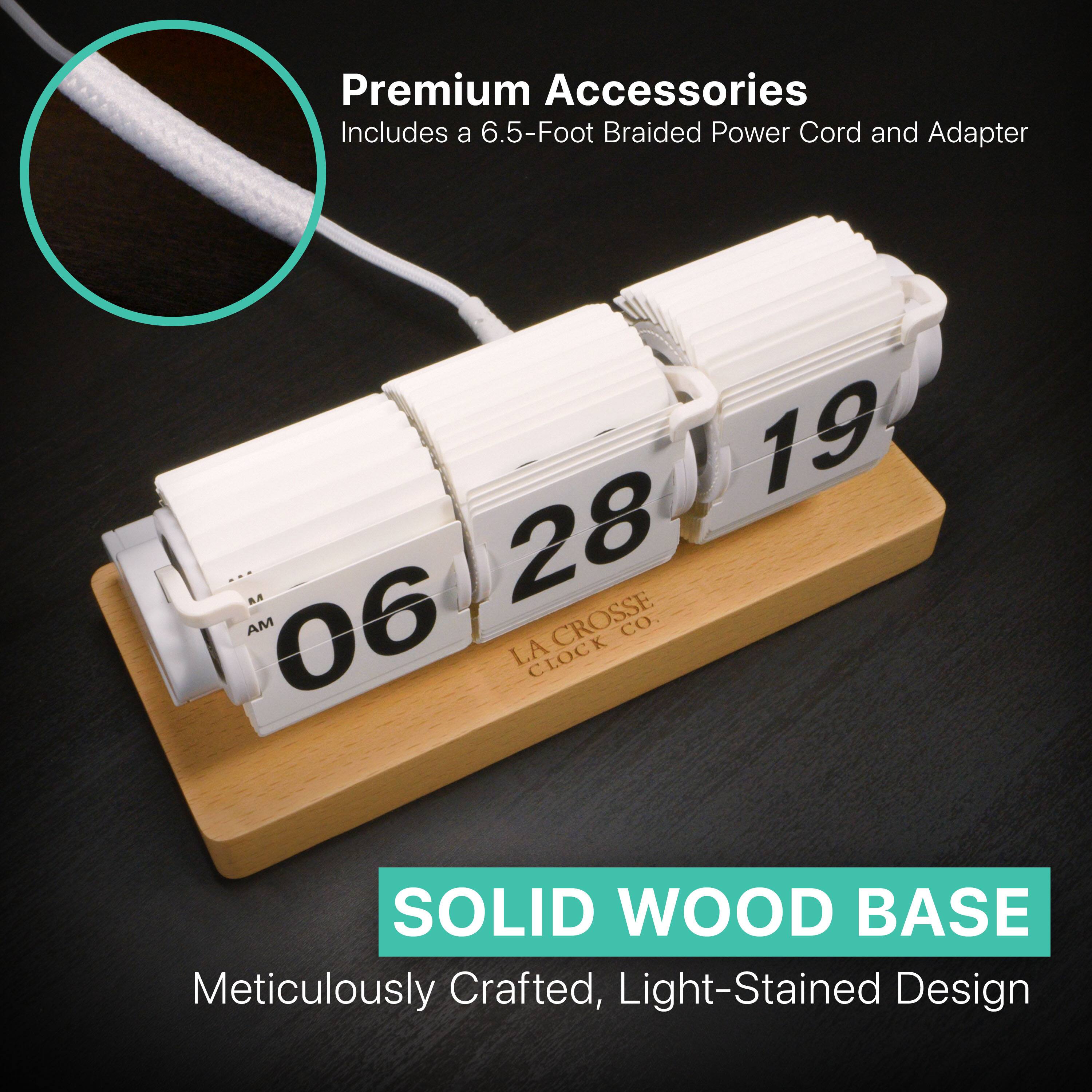 Premium Accessories  
Includes a 6.5-Foot Braided Power Cord and Adapter  

SOLID WOOD BASE  
Meticulously Crafted, Light-Stained Design