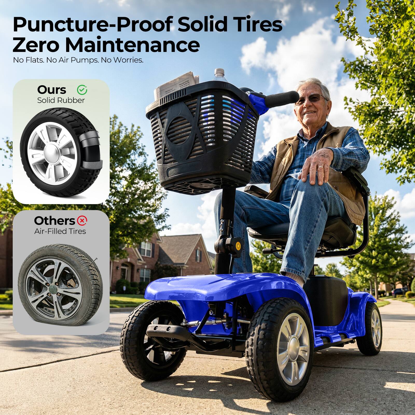 Puncture-Proof Solid Tires  
Zero Maintenance  
No Flats. No Air Pumps. No Worries.  

Ours  
Solid Rubber  

Others  
Air-Filled Tires