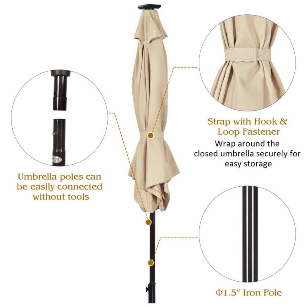 Umbrella poles can be easily connected without tools.  
Strap with Hook & Loop Fastener: Wrap around the closed umbrella securely for easy storage.  
1.5" Iron Pole