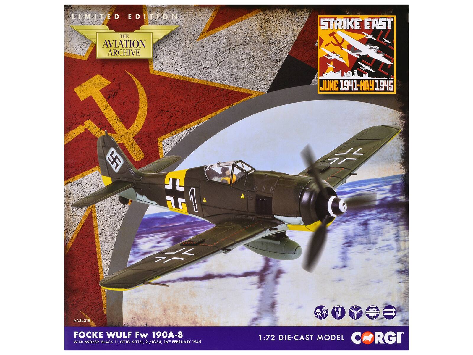 LIMITED EDITION  
THE AVIATION ARCHIVE  

STRIKE EAST  
JUNE 1941 - MAY 1945  

FOCKE WULF Fw 190A-8  
W.Nr 690282 "BLACK 1" OTTO KITTEL 2./JG54, 16TH FEBRUARY 1945  

1:72 DIE-CAST MODEL  

AA34318  

CORGİ