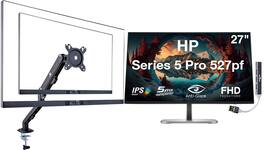 HP - Series 5 Pro 527pf 27" FHD IPS Monitor, Pivot, Displayport, HDMI (B28F5UT#ABA) w/DKZ Hub & Ergoflexy Single Mount Arm - Black