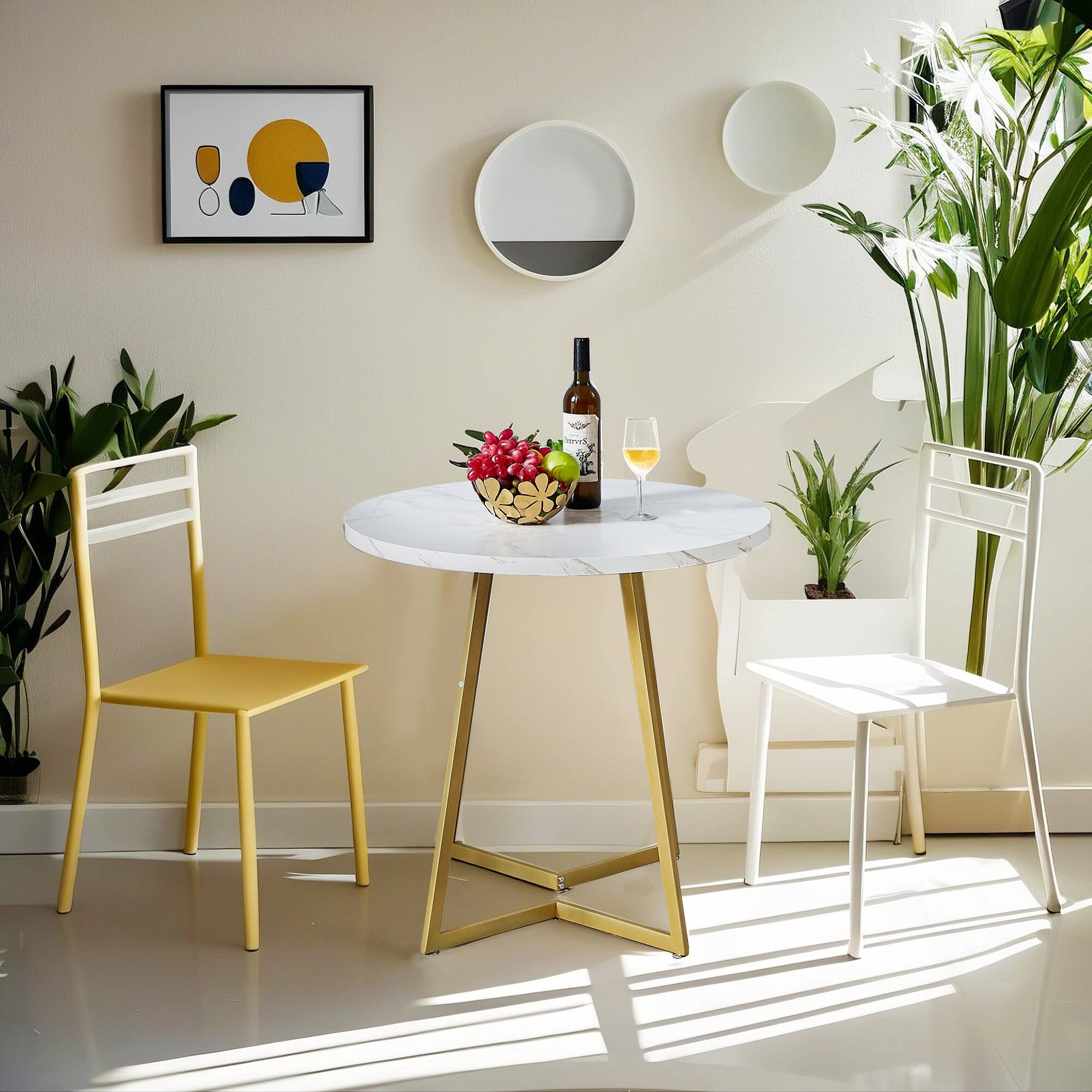Alt View 2. Vecelo - Modern Wood Grain Round Dining Table for 2–4, Small Round Kitchen Table with Metal Base for Dining Room or Apartment - White&Gold.