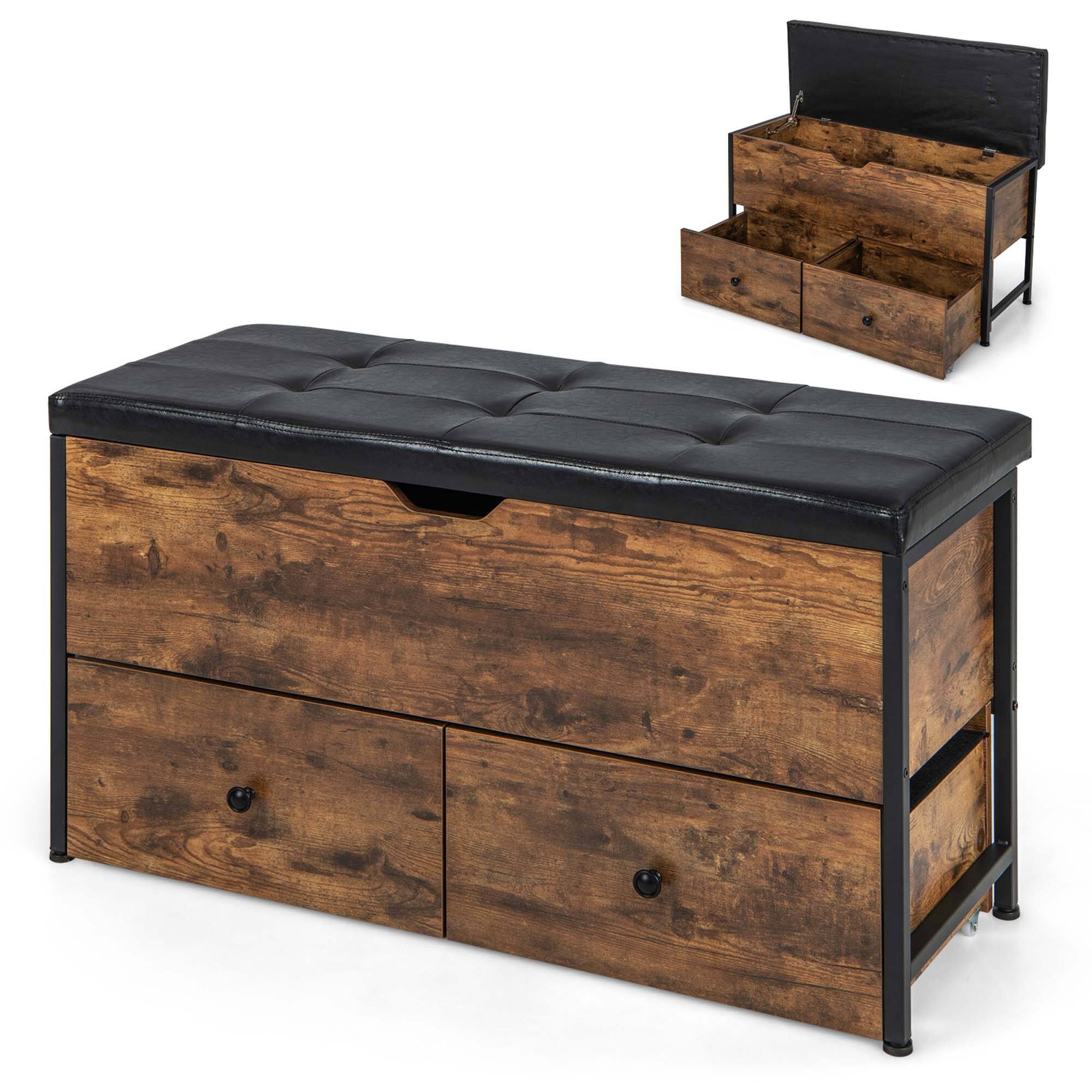 Costway - Storage Ottoman Bench Flip Top Wooden Storage Chest with Cushion & 2 Drawers - Vintage Brown/Black