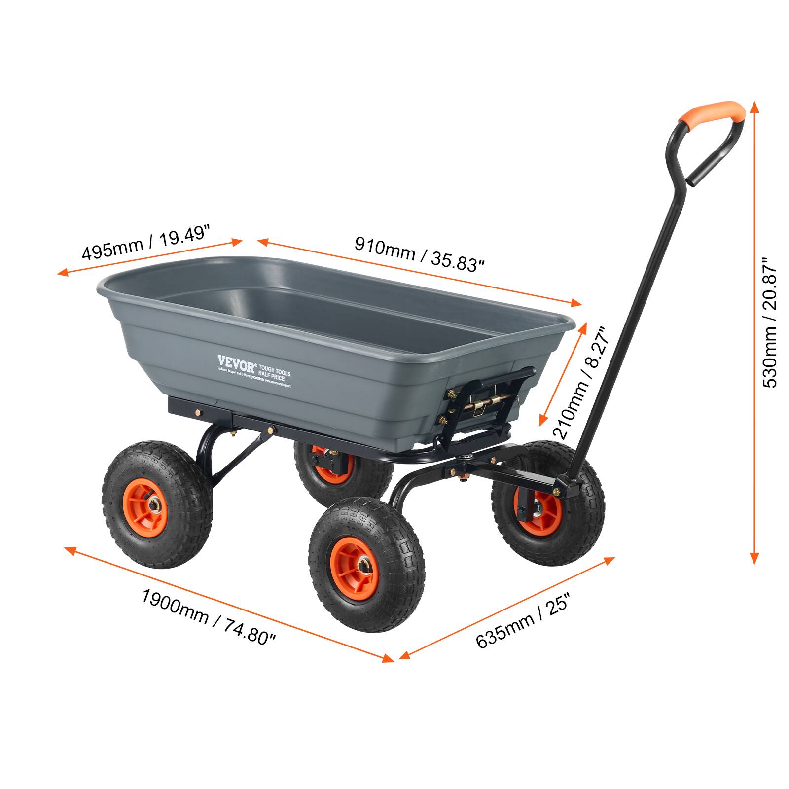 495mm / 19.49", 910mm / 35.83", 210mm / 8.27", 530mm / 20.87", 1900mm / 74.80", 635mm / 25"