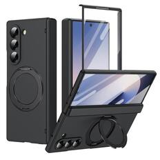Front. Dteck - For Samsung Galaxy Z Fold 6 Rugged Case With Screen Protector, Shockproof Magnetic Ring Stand Hinge Protection Cover - Black.